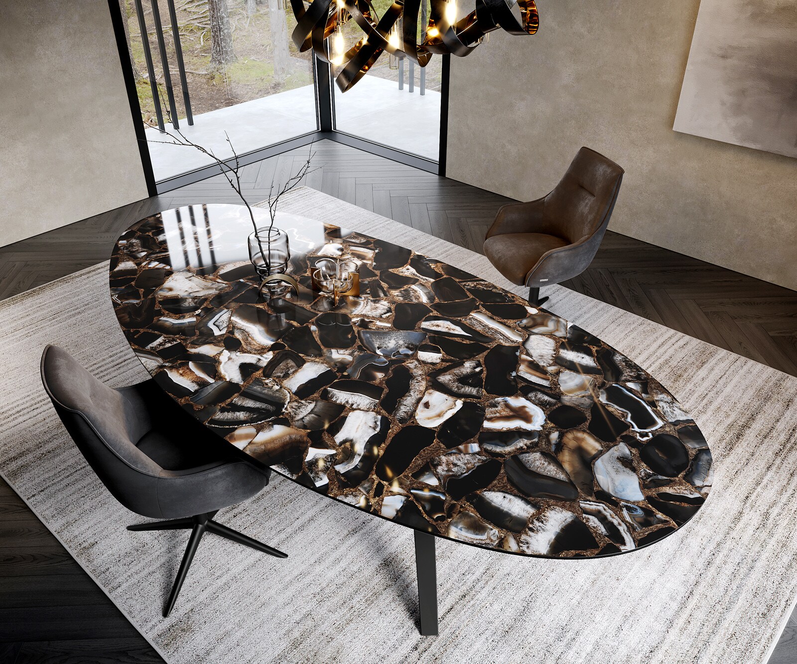Table à manger Edge Ovale 280x130 Céramique Iris FMG Agatablack Zenthara anguleux Métal Noir 1