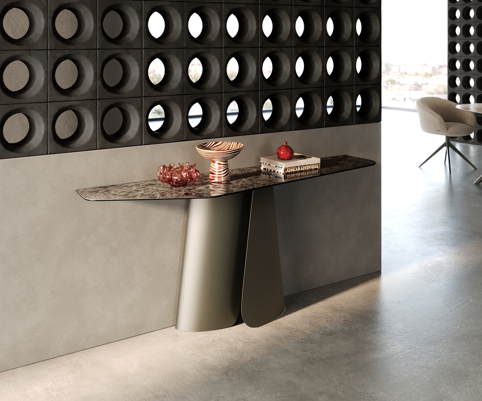 Console Edge Polygonal 180x50 cm Céramique Emperador Extra Lucidato Dunkelbraun Livos Métal Effektfinish Titan 1