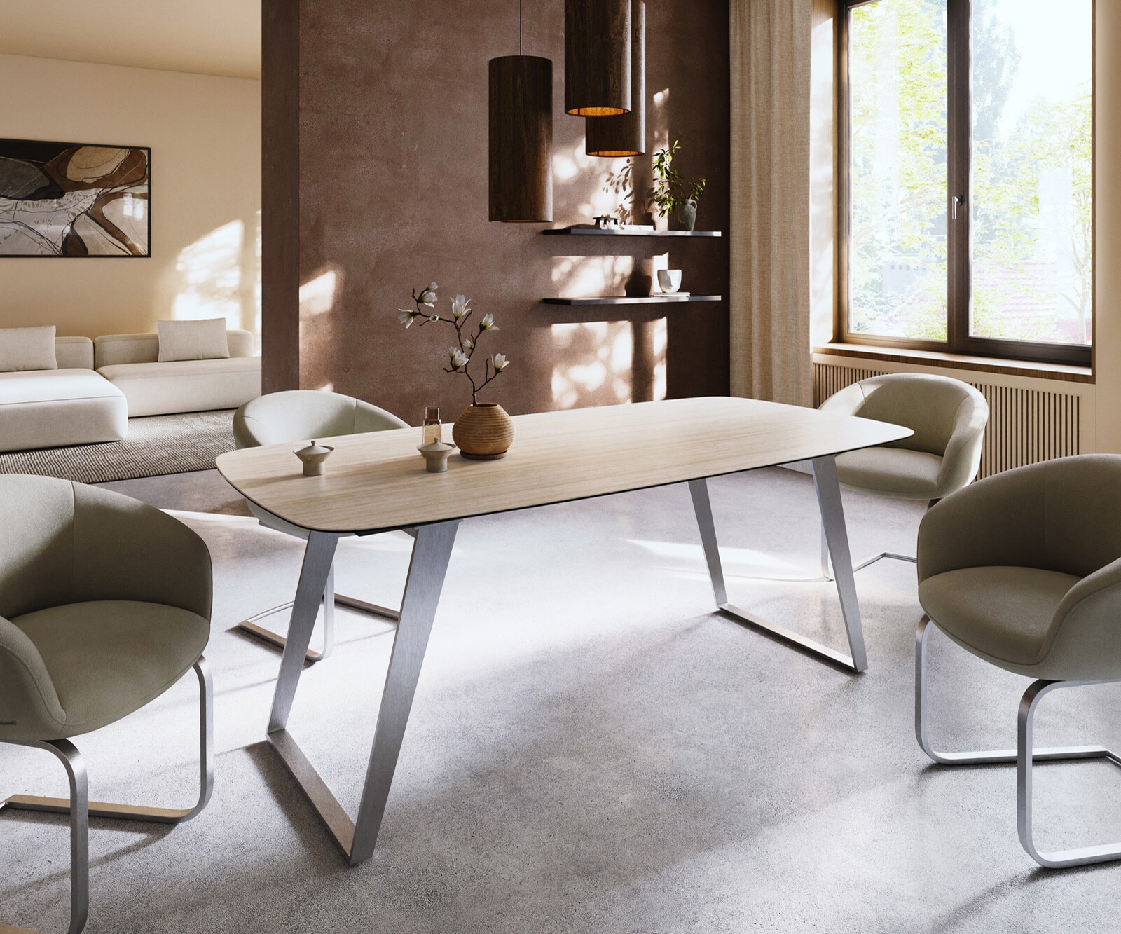 Table à manger Edge Boot 200x100 céramique Laminam® Travertino Bianco crème-blanc acier inoxydable incliné 2
