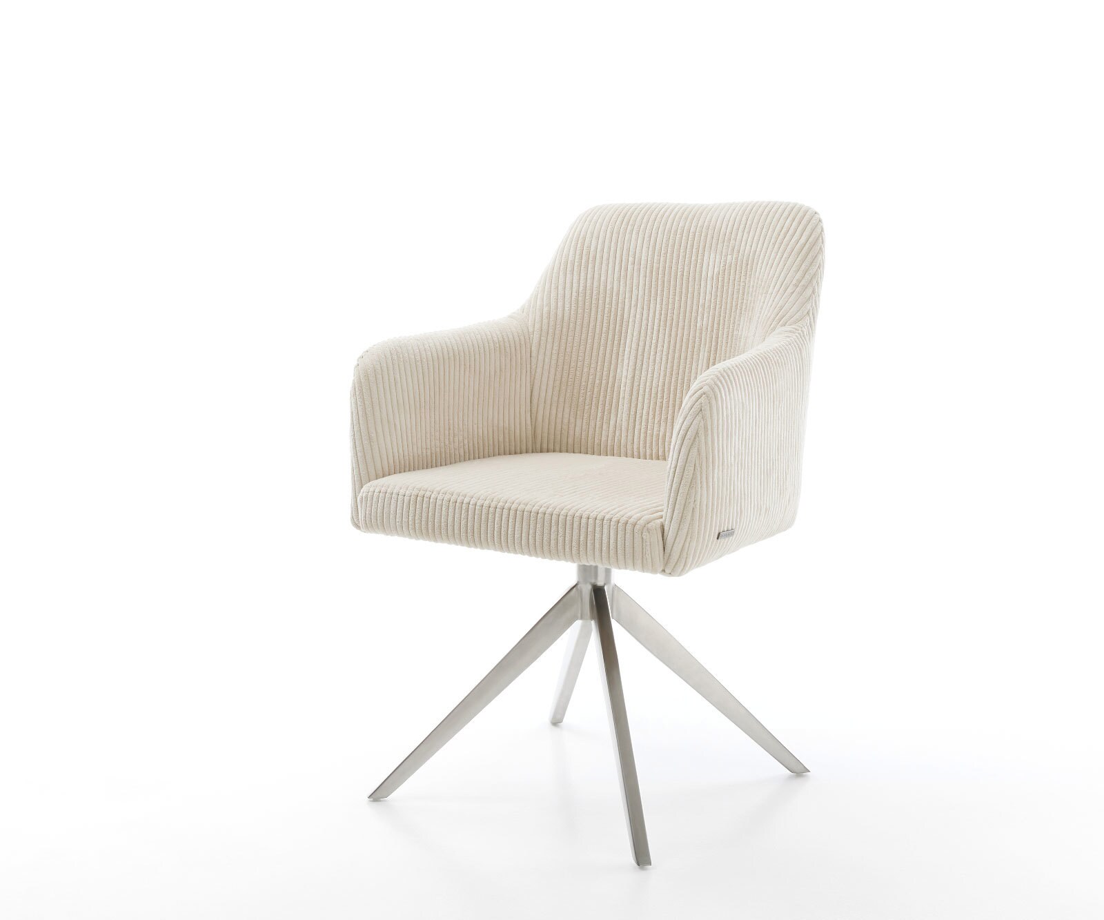 Chaise-pivotante Greg-Flex côtelé beige pied croisé large acier inoxydable brossé pivotement sur 360° fonction bascule ressorts ensachés