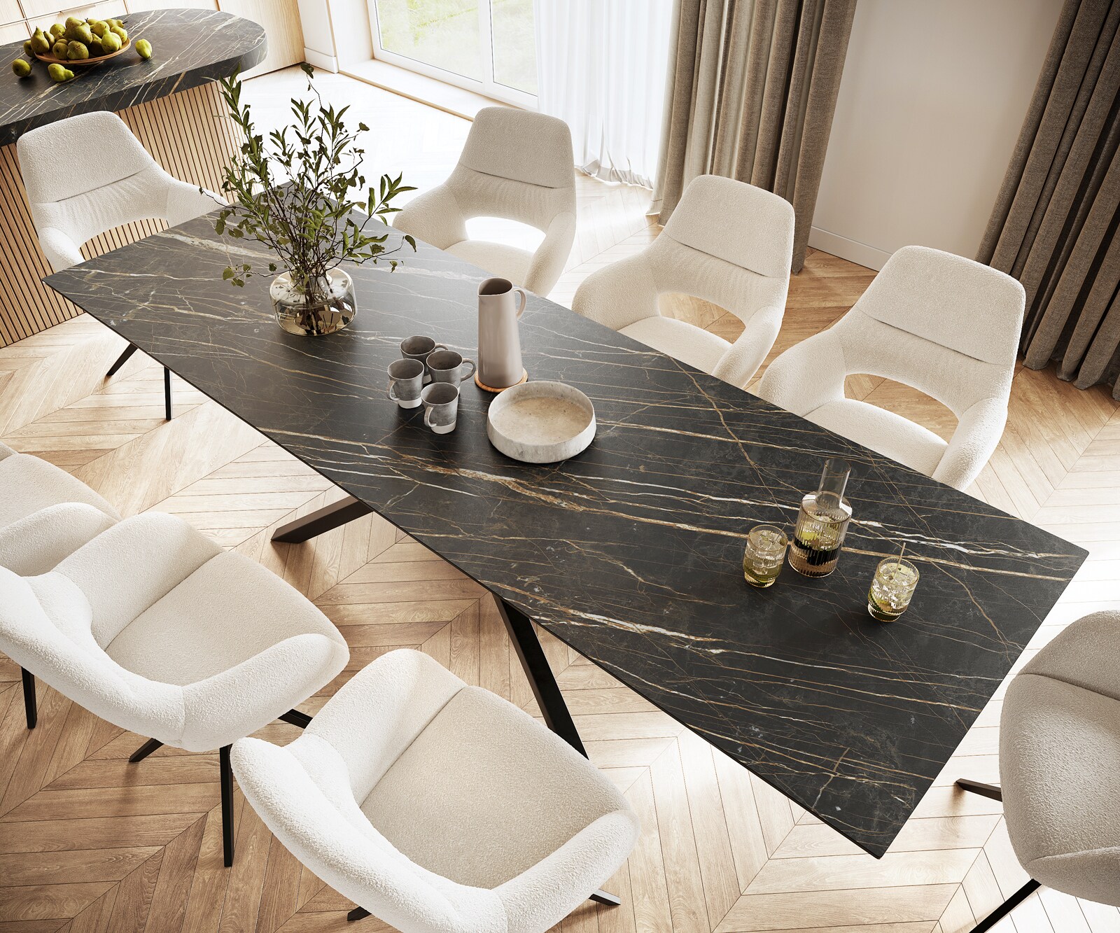 Table-à-manger Edge 300x100cm Laminam® céramique marron pieds milieu croisé noir 3