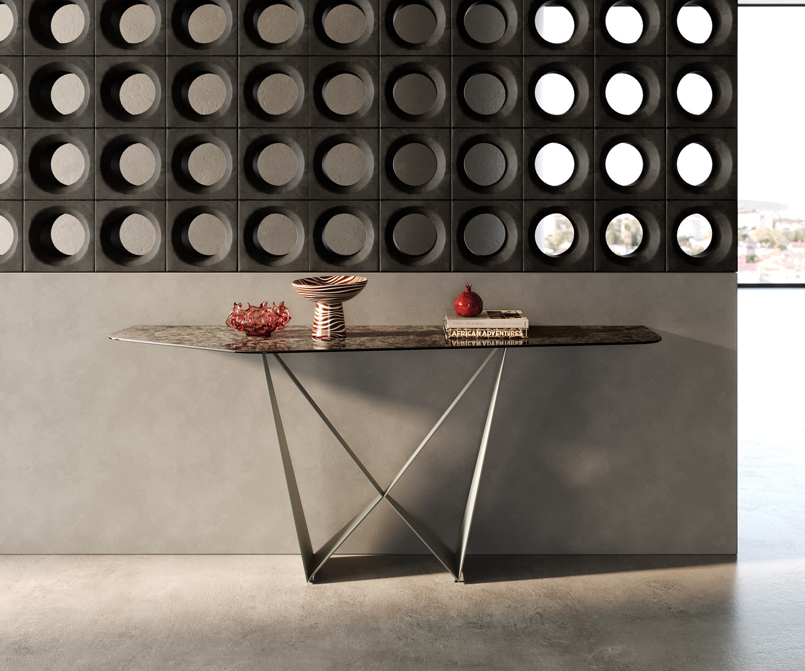 Console Edge Polygonal 180x50 cm Céramique Emperador Extra Lucidato Dunkelbraun Spios Métal Effektfinish Titan 1