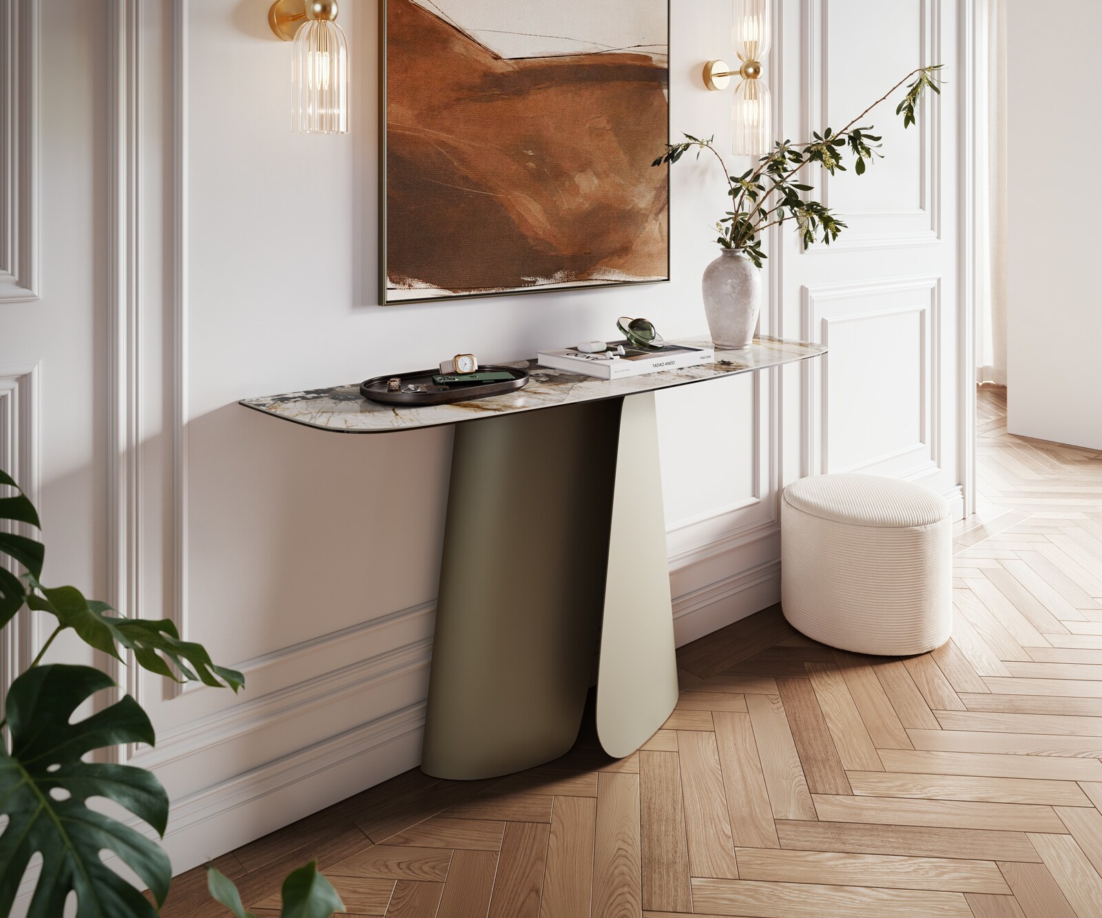 Console Edge forme bateau 140x40 cm Céramique Patagonia Poliert Livos Métal Effektfinish Titan 1