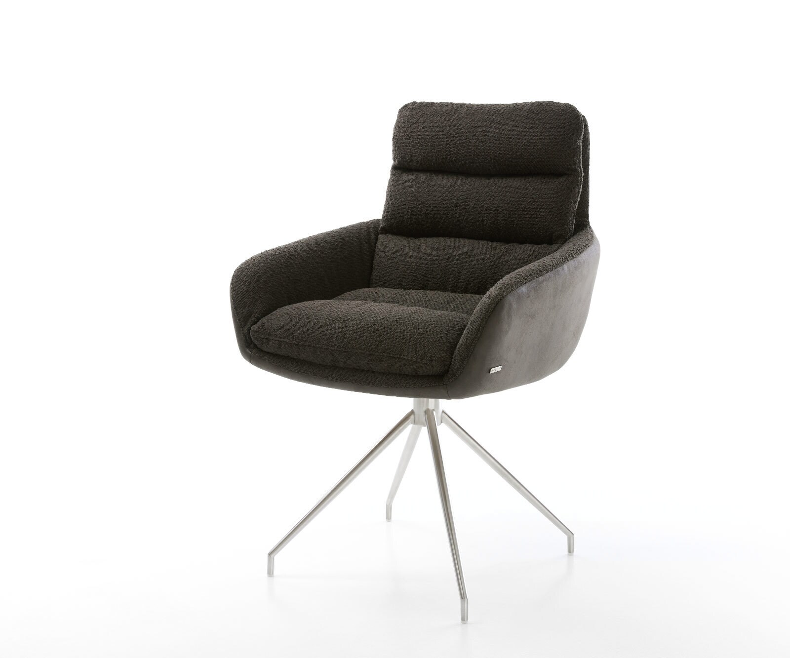 Chaise-pivotante Abelia-Flex avec accoudoirs tissu mixte noir pied croisé conique acier inoxydable brossé pivotement sur 180°