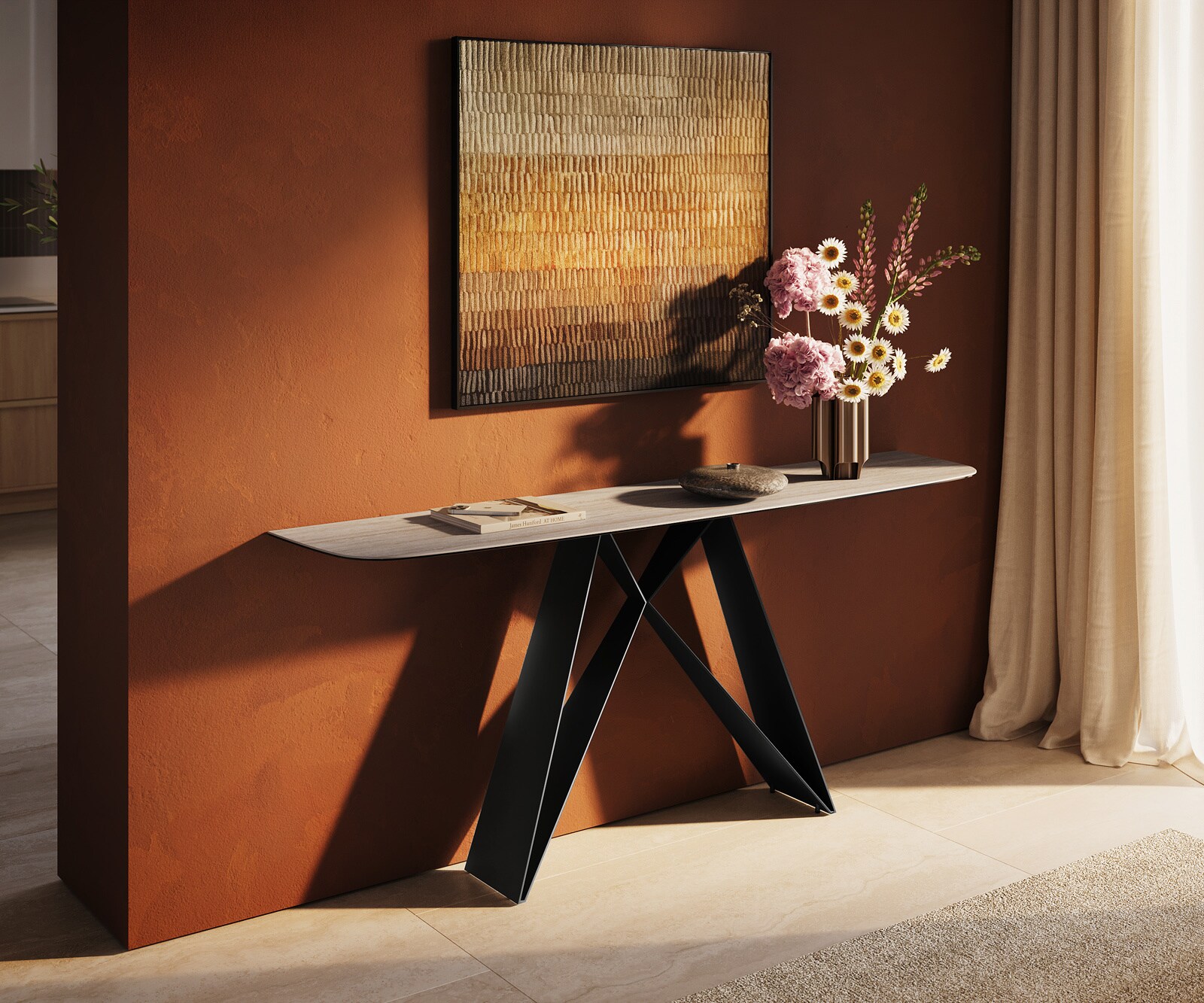 Console Edge forme bateau 180x40 cm Céramique Laminam® Travertino Bianco Creme-Weiß Velio Métal Noir 2