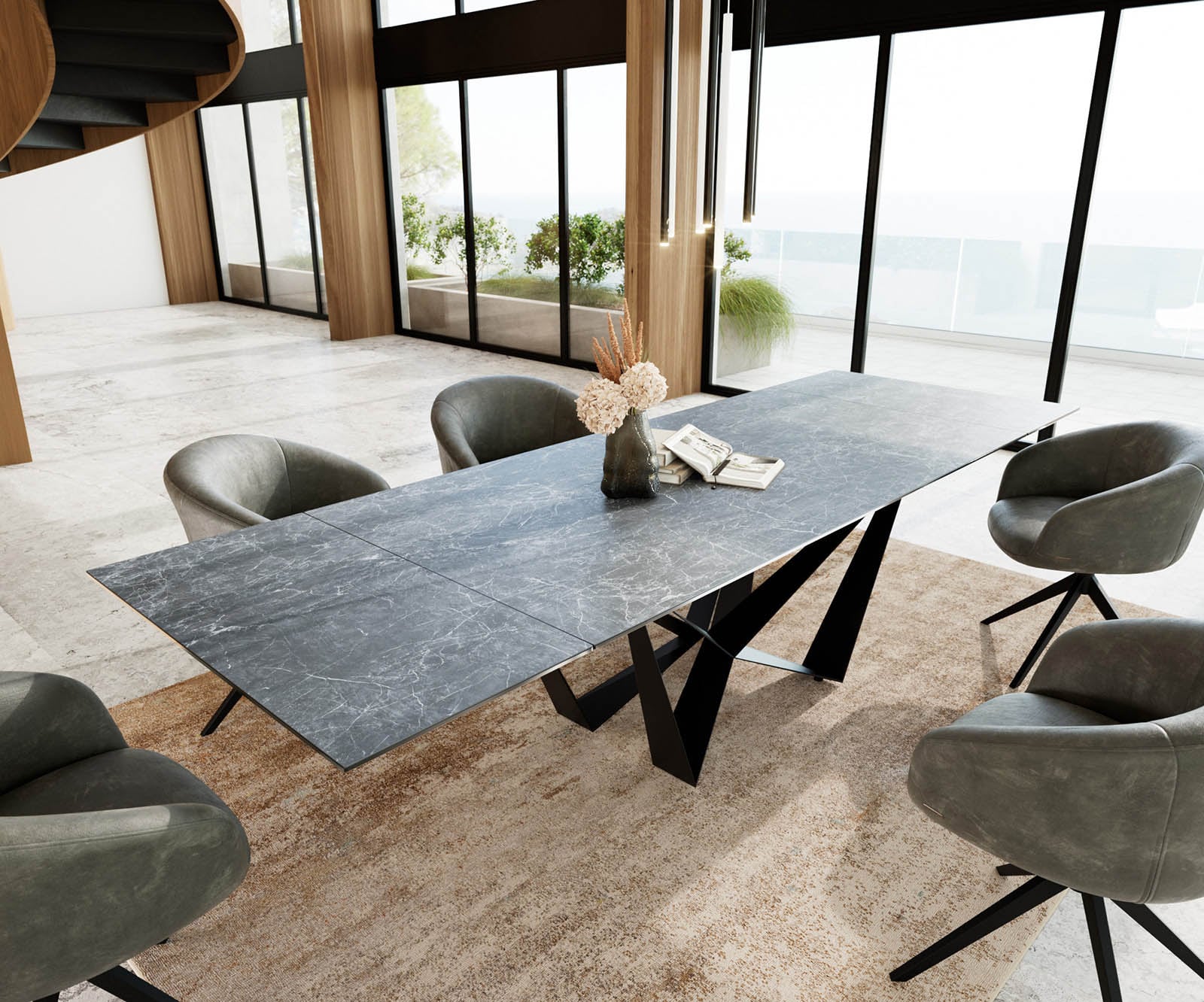 Table à manger Edge 200-300x100 céramique Laminam®Nero Greco gris Spider acier plat noir extensible Table à manger Edge 200-300x100 céramique Laminam®Nero Greco gris Spider acier plat noir extensible