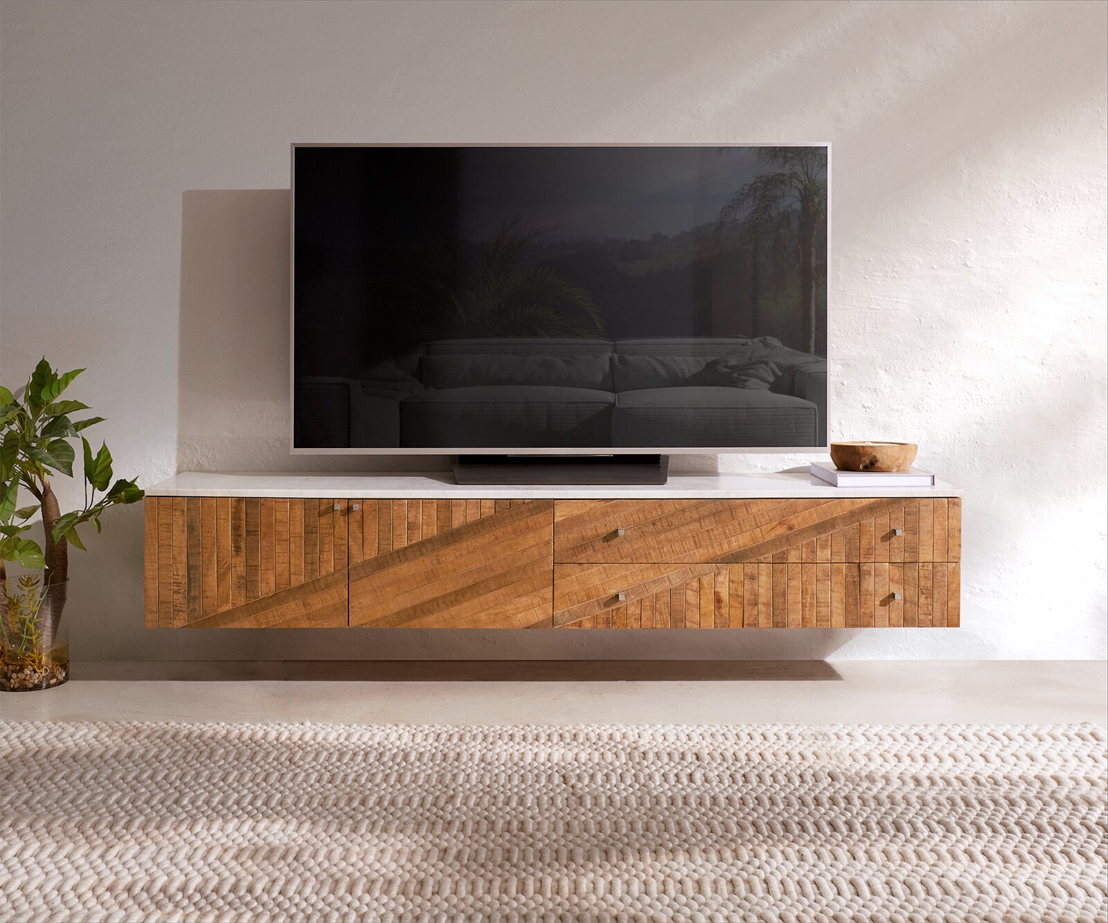 Meuble-TV Bahan 175 cm Mangue Teck 2 portes 2 tiroirs Plateau marbre blanc flottant 2