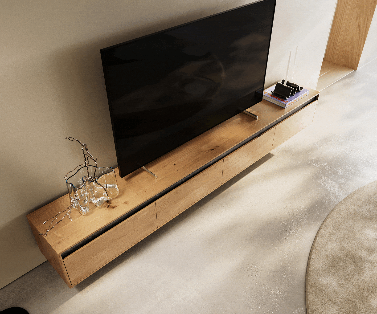 Meuble-TV Stonegrace 240 cm chêne naturel 4 portes suspendues 4