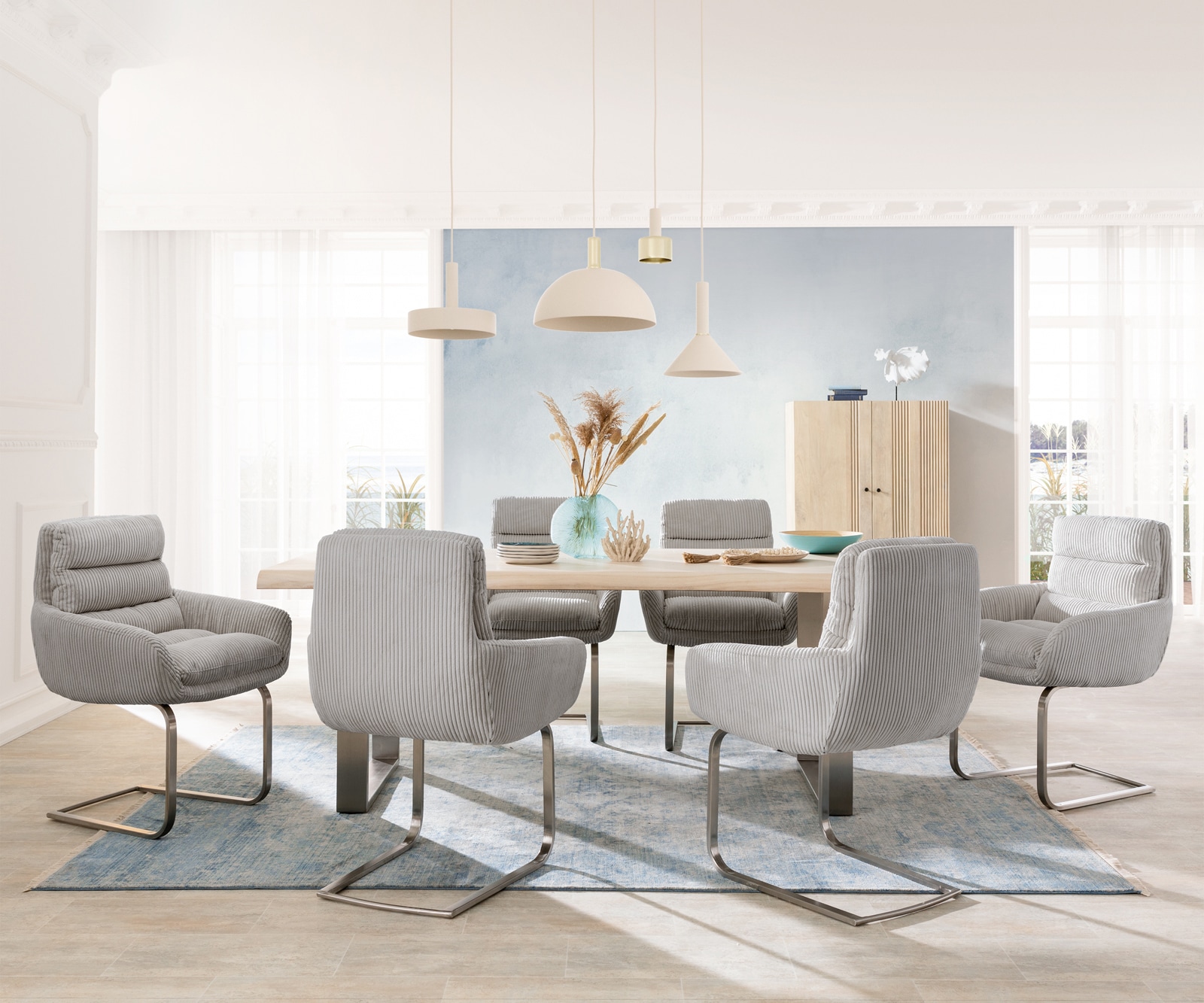 Cantilever Abelia-Flex avec accoudoirs côtelé gris argenté pied cantilever plat acier inoxydable brossé 3 Cantilever Abelia-Flex avec accoudoirs côtelé gris argenté pied cantilever plat acier inoxydable brossé 3