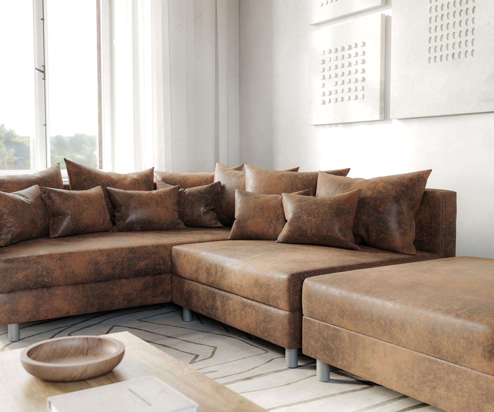 Canapé-d'angle Clovis marron modulable look antique avec tabouret et accoudoirs poufs gauche 5 Canapé-d'angle Clovis marron modulable look antique avec tabouret et accoudoirs poufs gauche 5