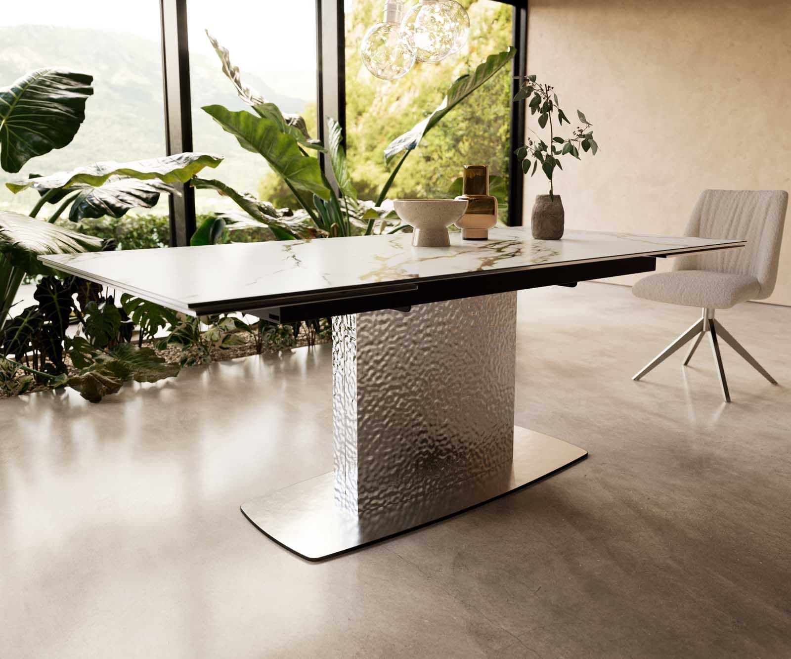Table à manger Edge 200-300x100 céramique Calacatta Luxe blanc-doré-gris Wave acier inoxydable extensible 6 Table à manger Edge 200-300x100 céramique Calacatta Luxe blanc-doré-gris Wave acier inoxydable extensible 6