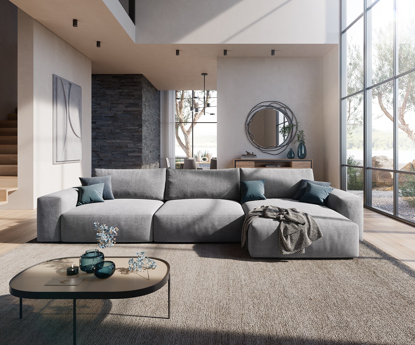 Canapé d'angle Lanzo XL 380x180 cm Microfibre Gris Recamière variable 1