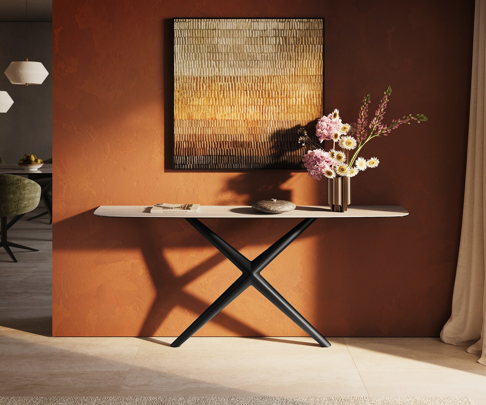 Console Edge forme bateau 180x40 cm Céramique Laminam® Travertino Bianco Creme-Weiß Estelo Métal Noir