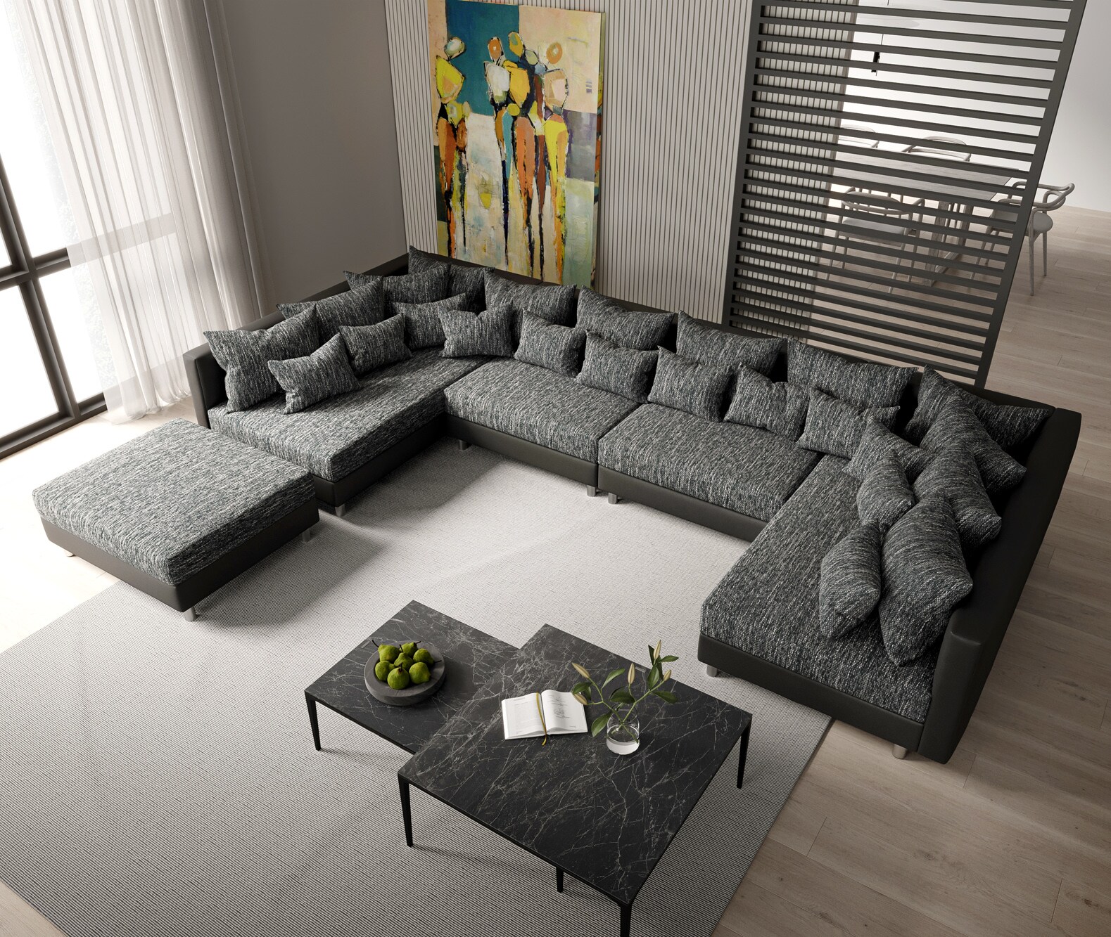 Canapé-Panoramique Clovis XL Canapé modulable noir avec tabouret  3