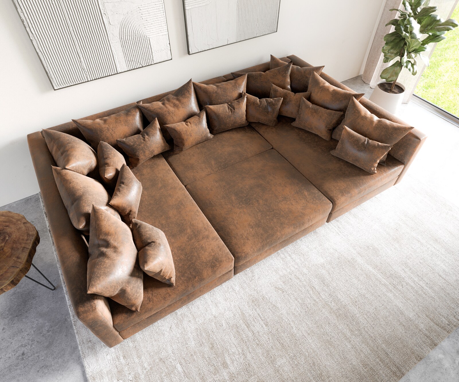 Canapé-Panoramique Clovis Marron look Vintage modulable avec Tabouret  4