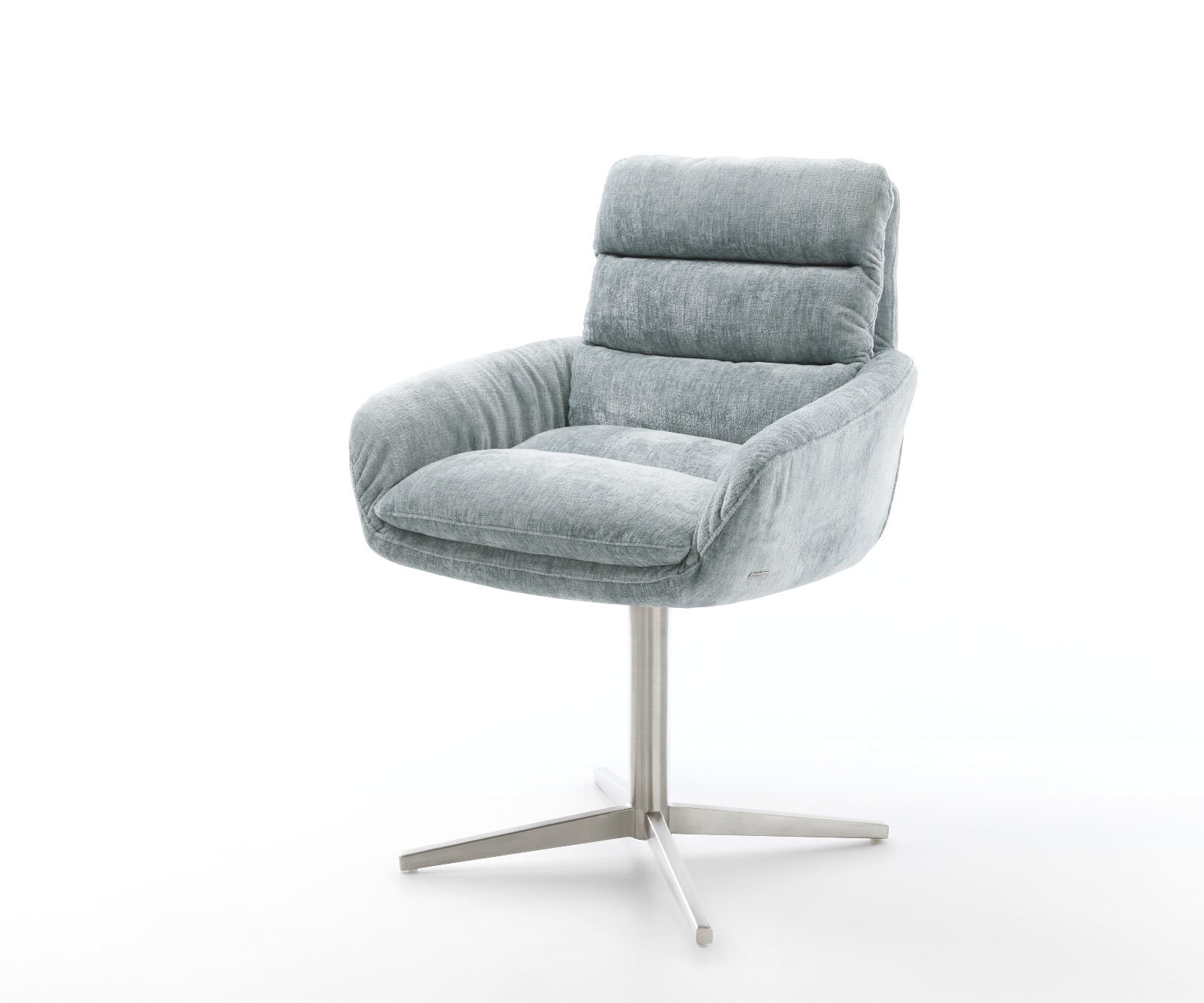 Chaise-pivotante Abelia-Flex avec accoudoirs chenille bleu pastel pied de chaise 4 branches acier inoxydable brossé pivotement sur 360°