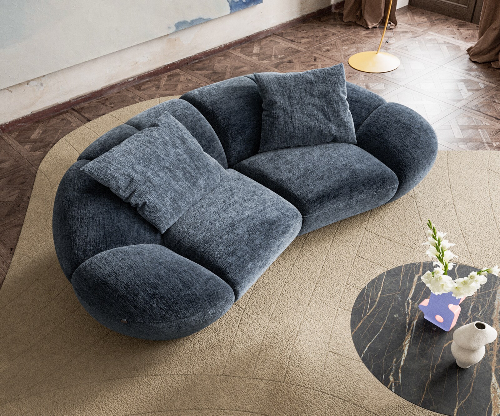 Canapé 2 places Lunna 280x170 cm chenille bleu 2 coussins 1