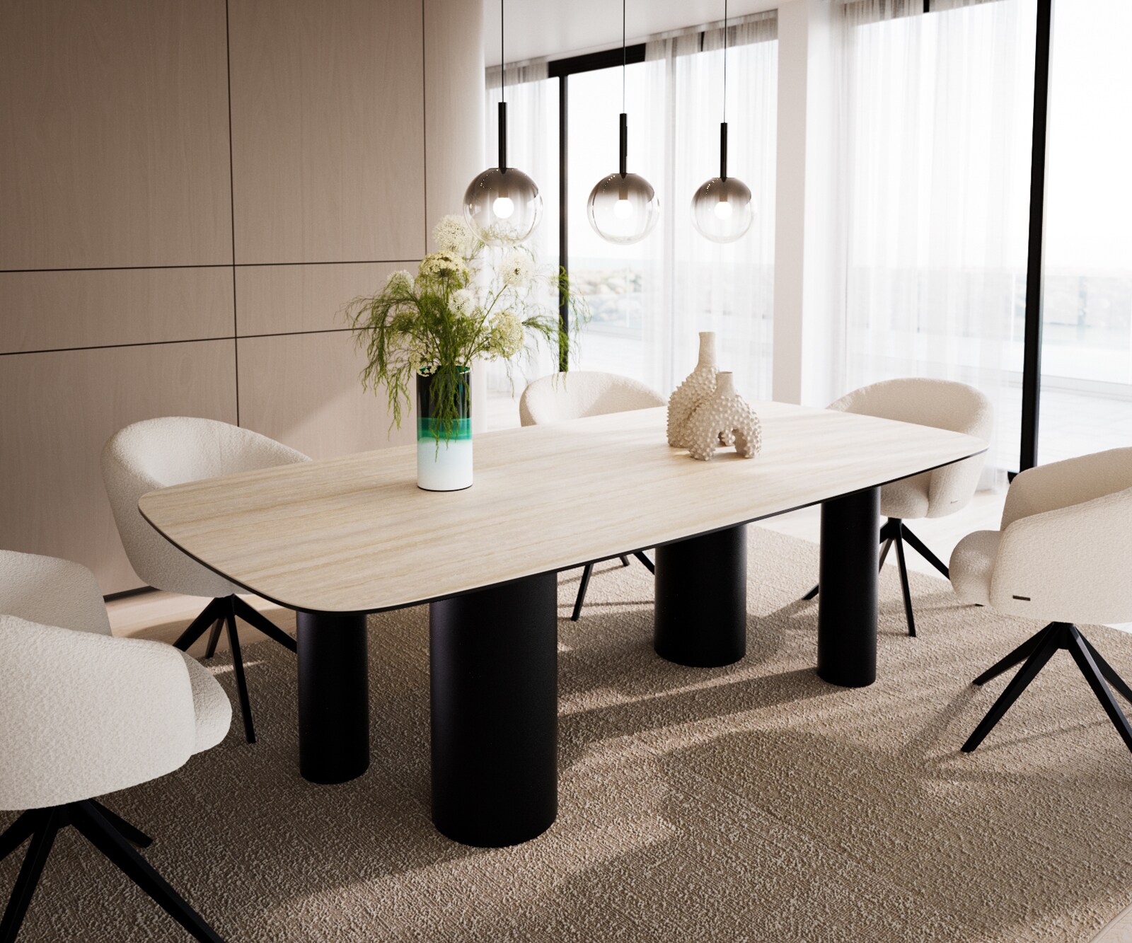 Table à manger Edge Boot 240x120 cm Céramique Travertin Naturel Pilier Métal Noir 1