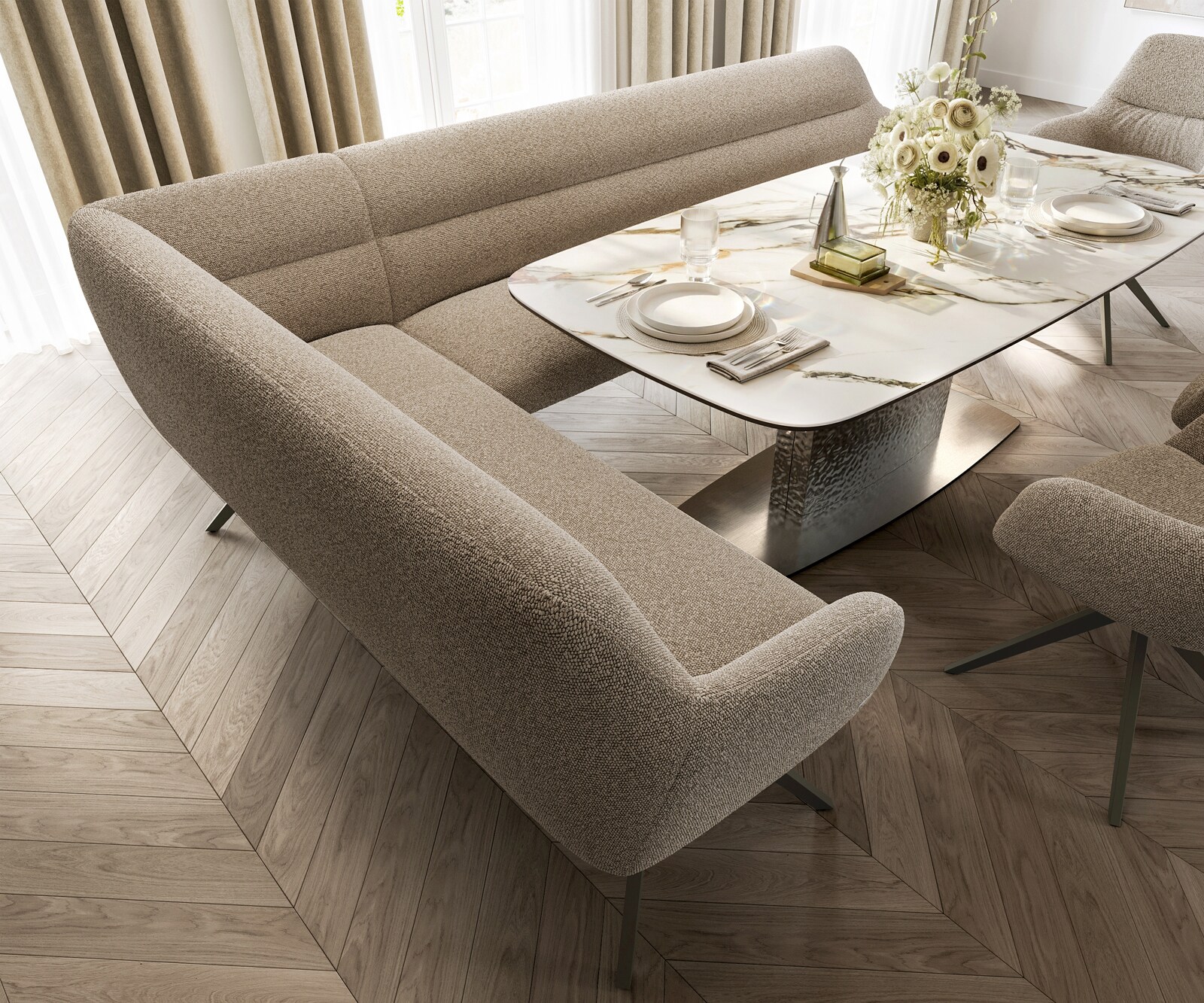 Banc-de-salle-à-manger Taya-Flex 285x190 cm bouclé boue pied croisé angulaire titane ressort ensaché à droite 4