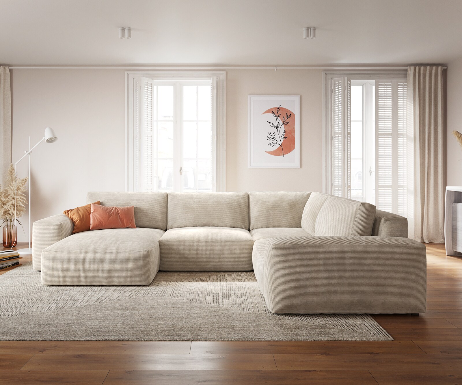 Canapé panoramique Lanzo XL 360x260 cm Velours côtelé Beige Recamière variable 1