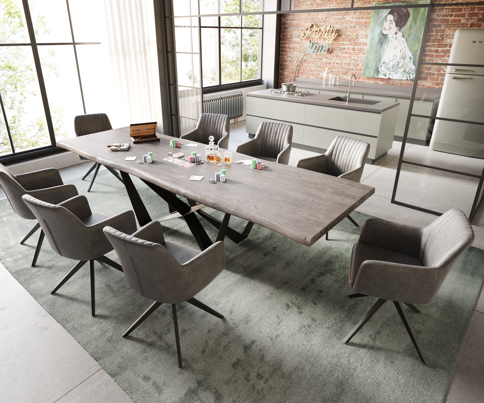 Table à manger Edge 300x100 XL acacia platine Spider acier plat noir Live-Edge 6