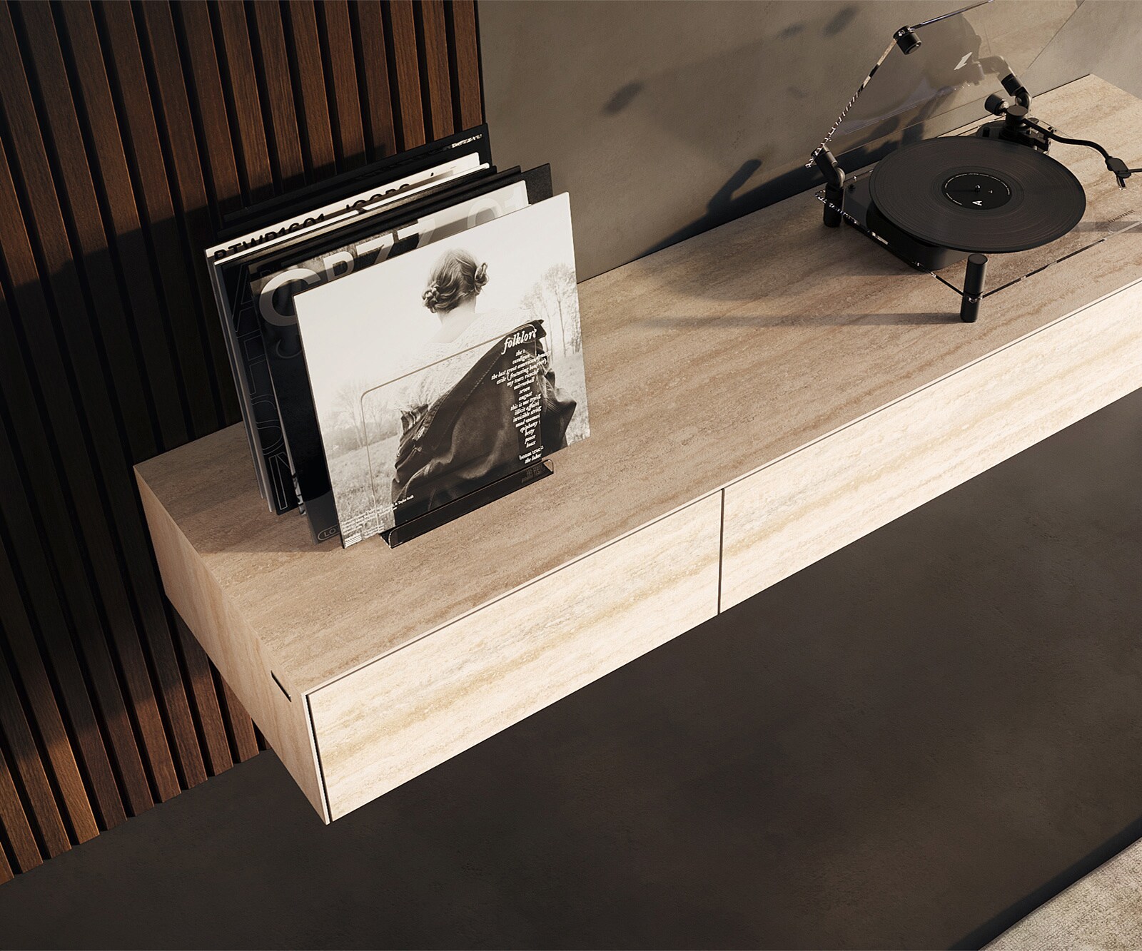 Meuble-TV Cuor 150 cm Céramique Laminam® Travertino Bianco Crème-blanc 1 Clapet 1 Tiroir Flottant 3