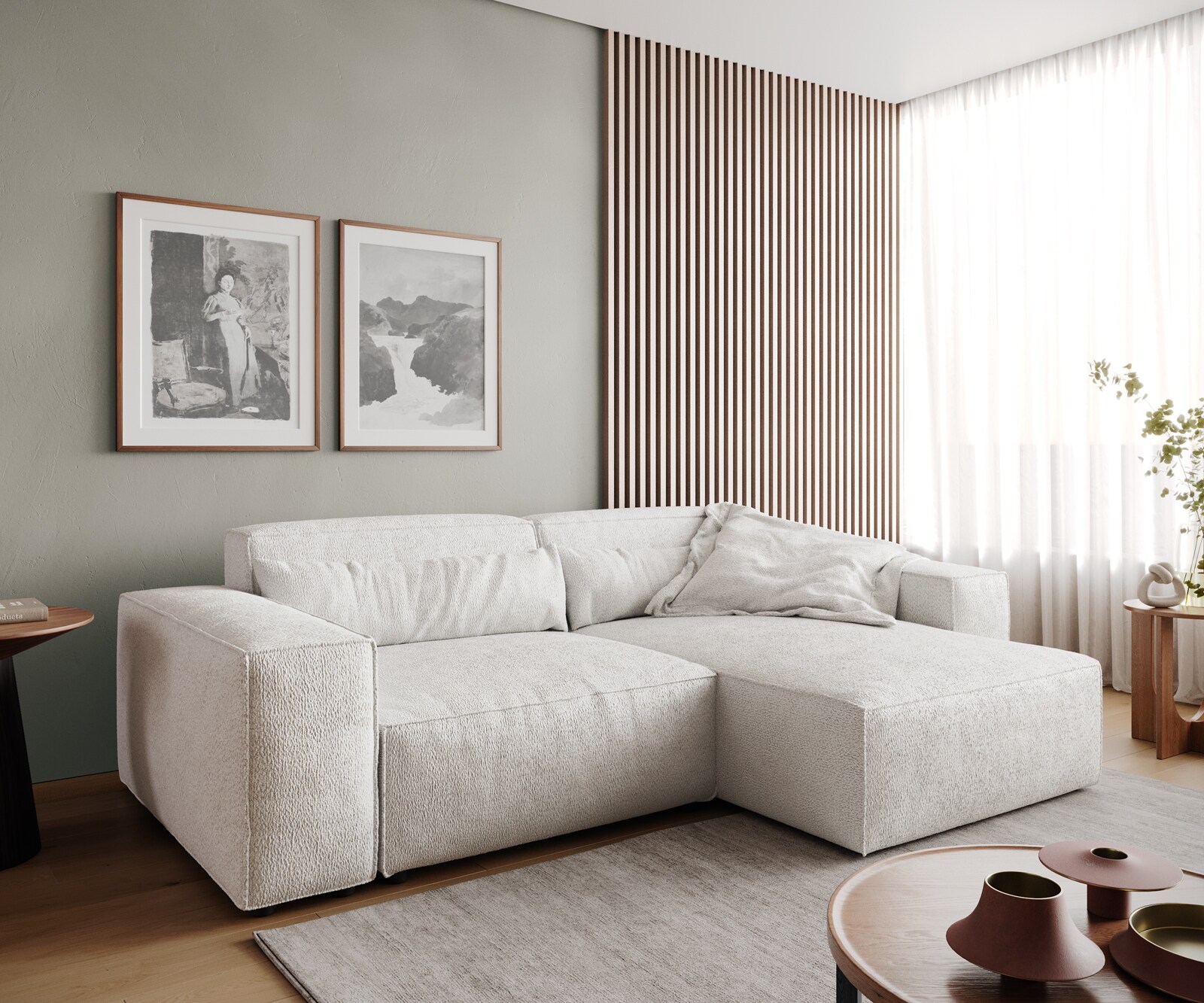 Canapé d'angle Sirpio 230x155 cm Bouclee Crème-blanc Recamiere variable