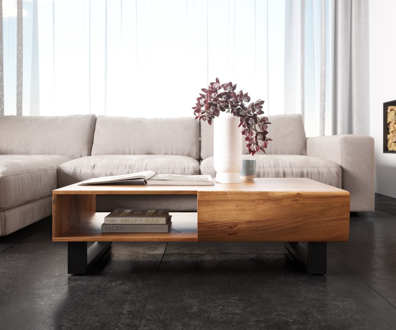 Table-basse New Live-Edge 115x60 cm acacia naturel 2 tiroirs 1 compartiment patin métal noir 1
