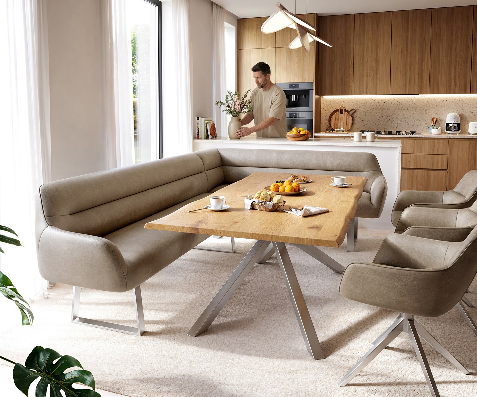 Banc-de-salle-à-manger Taya-Flex 285x190 cm microfibre beige vintage piètement à patins angulaire acier inoxydable ressort ensaché liens