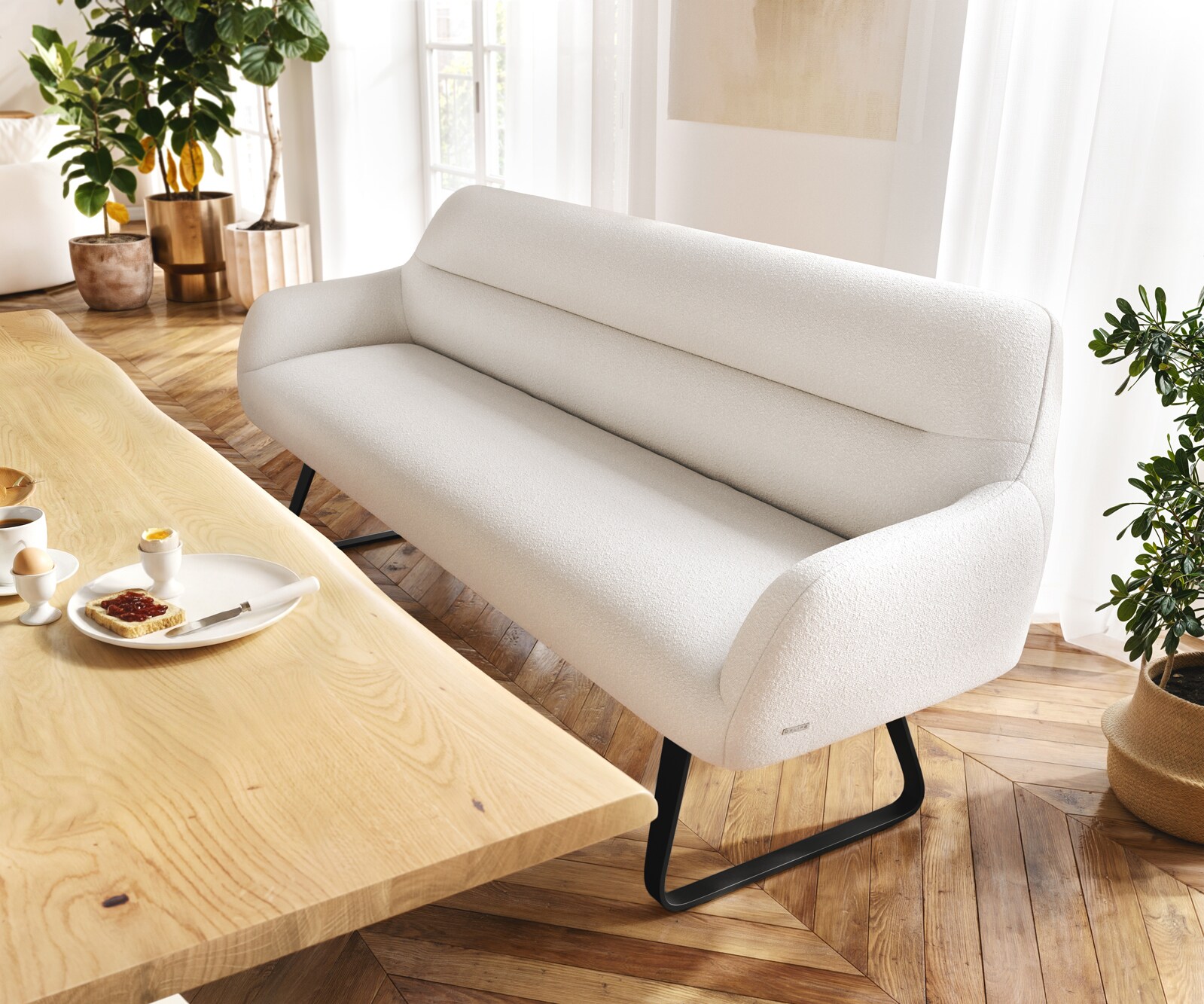 Banc-de-salle-à-manger Taya-Flex 200 cm bouclé crème-blanc châssis à patins plat noir ressort ensaché