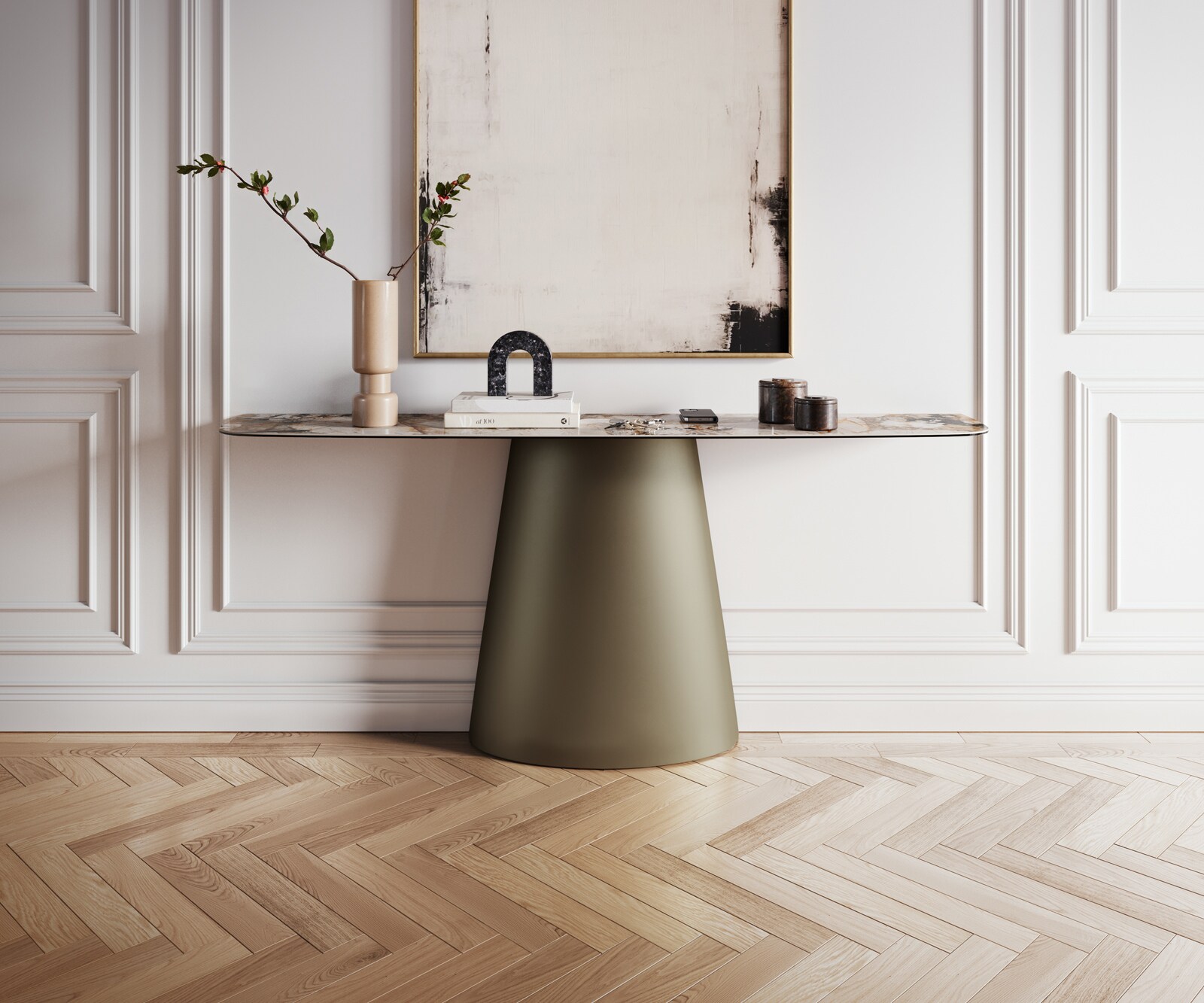 Console Edge forme bateau 180x40 cm Céramique Patagonia Poliert Conos Métal Effektfinish Titan 2