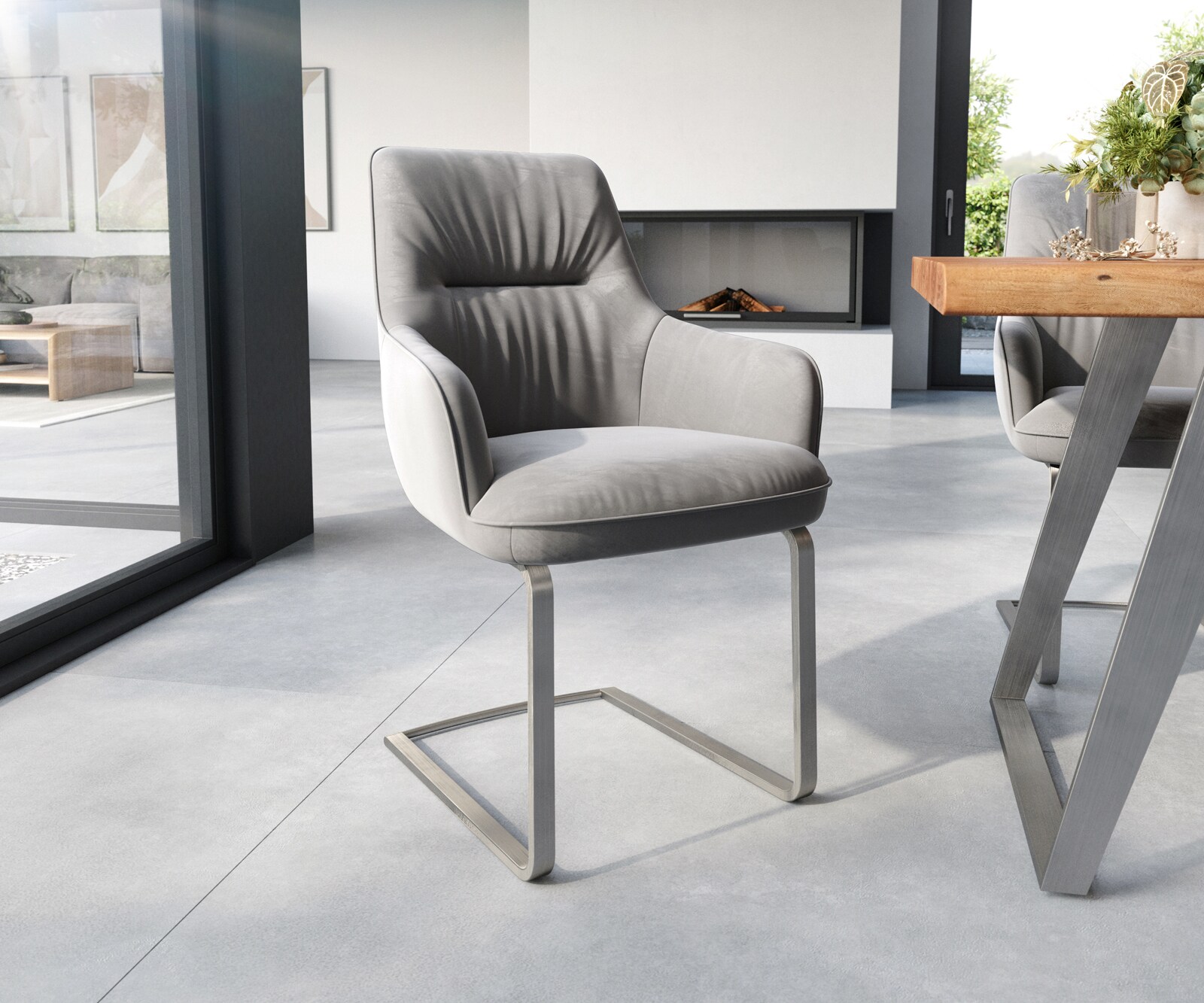 Cantilever Zelia-Flex avec accoudoirs velours gris pied cantilever plat acier inoxydable brossé ressorts ensachés