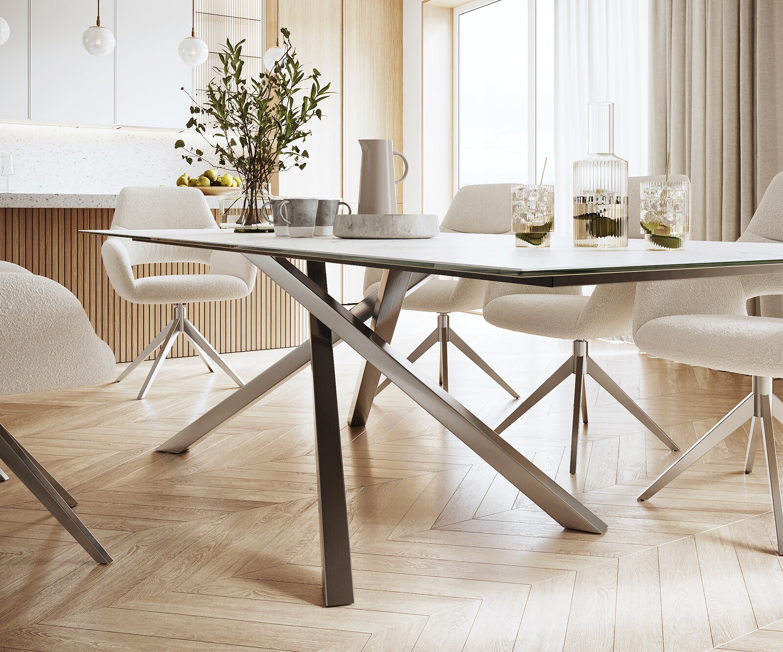 Table-à-manger Edge 300x100cm Laminam® céramique blanc pieds milieu croisé argent 6