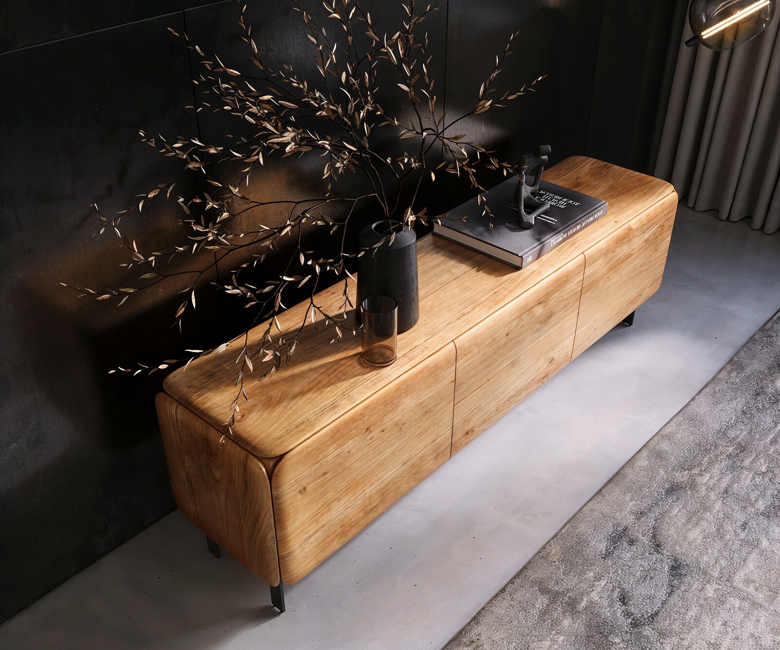 Meuble-TV Shavani 175 cm, acacia naturel, 2 portes, 2 tiroirs, pieds en L, métal noir 3