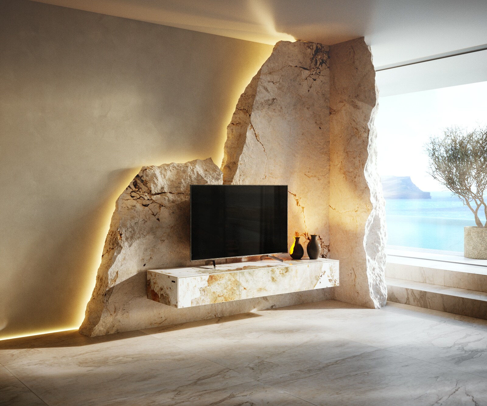 Meuble-TV Cuor 150 cm Céramique Minas Melange Blanc-beige 1 Clapet 1 Tiroir Flottant 1
