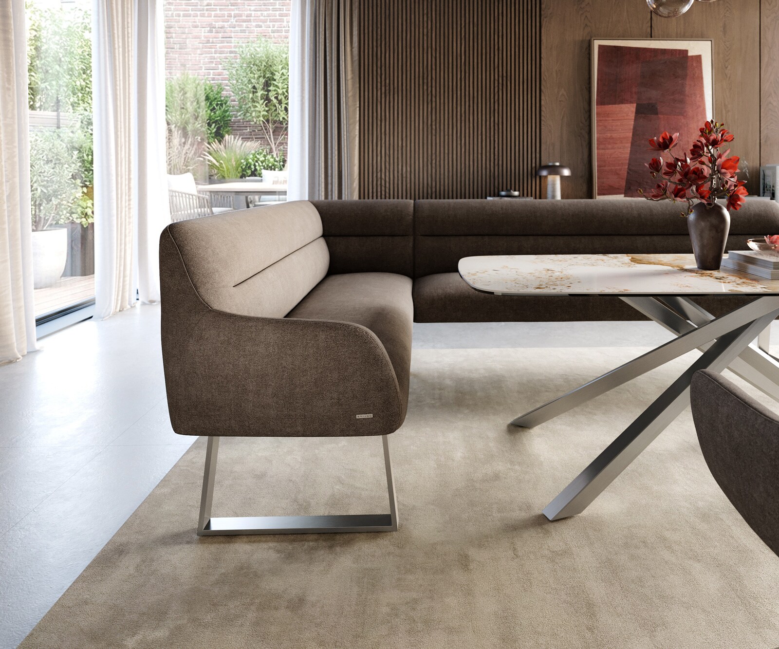 Banc-de-salle-à-manger Taya-Flex 285x190 cm tissu structuré doux taupe piètement à patins angulaire acier inoxydable ressort ensaché liens 5