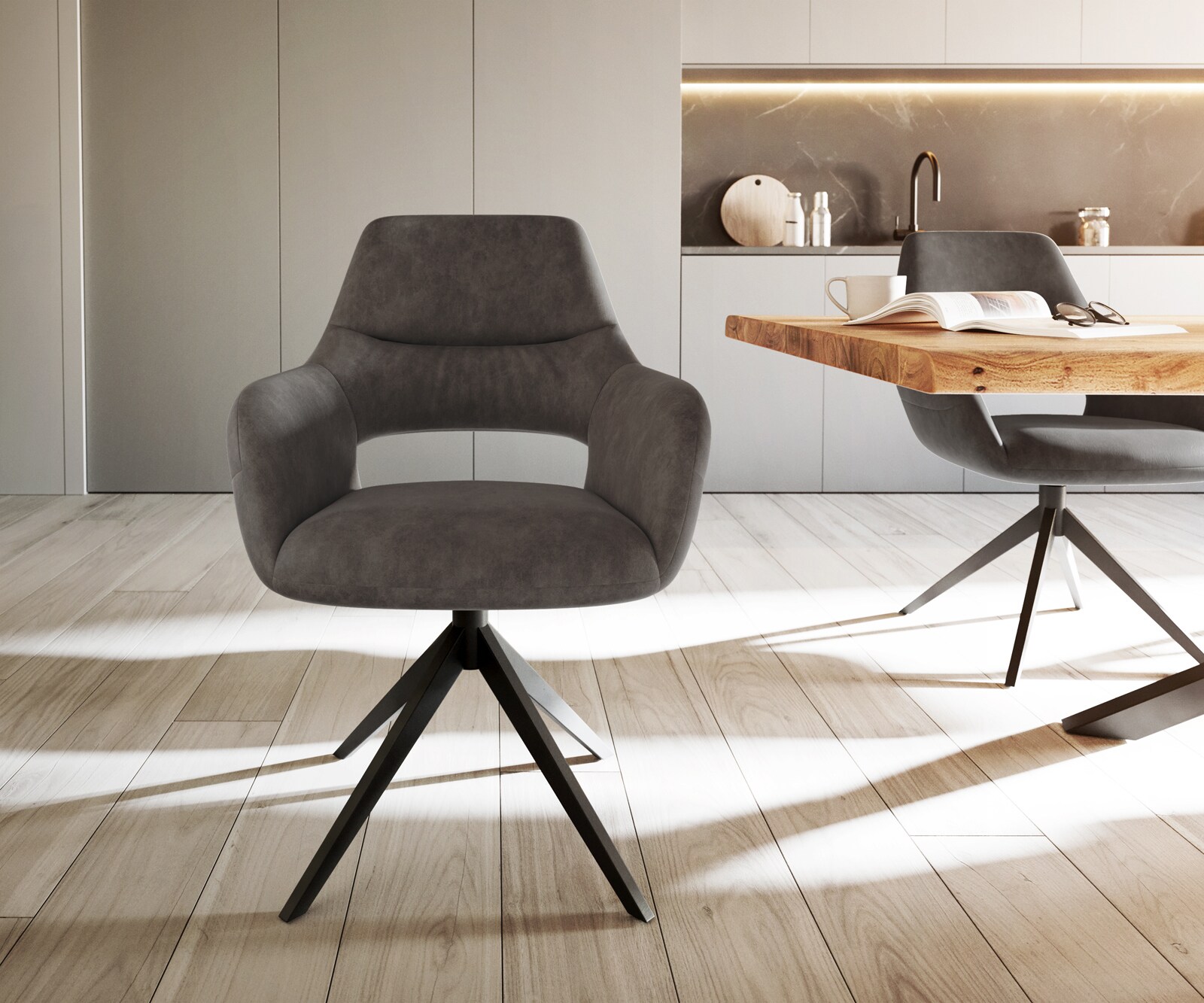 Chaise-de-salle-à-manger Yago-Flex avec accoudoirs microvelours anthracite vintage pied croisé large noir ressorts ensachés 1 Chaise-de-salle-à-manger Yago-Flex avec accoudoirs microvelours anthracite vintage pied croisé large noir ressorts ensachés 1