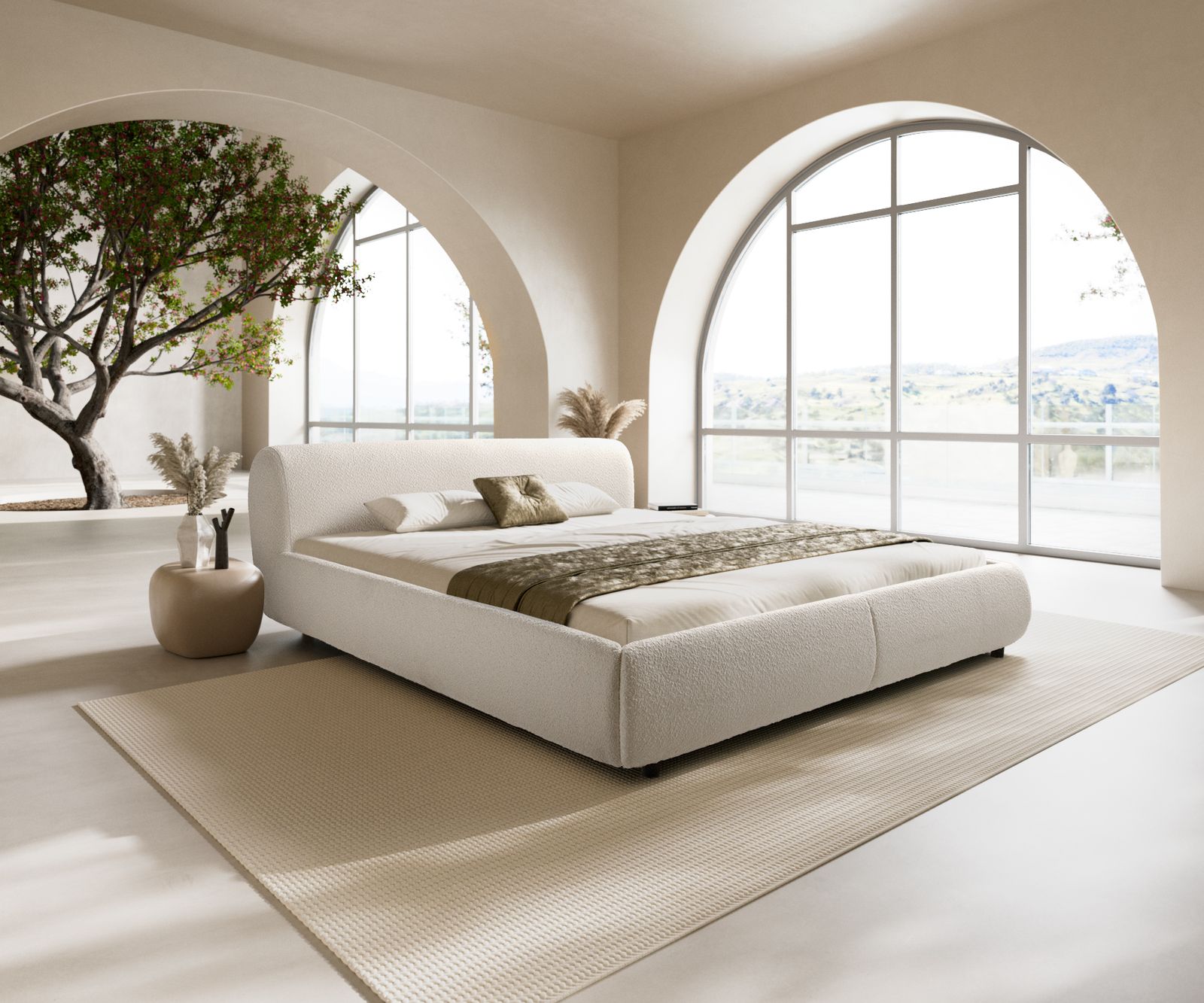 Cadre-de-lit rembourré Shona 180x200 cm Bouclé Crème-Blanc 1