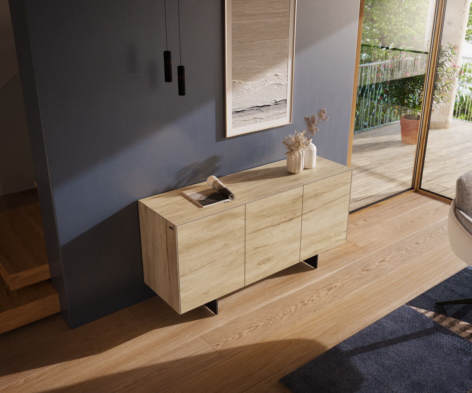 Buffet Cuor 150 cm Céramique Laminam® Sabbia Teinte chêne 3 Portes Pied optique flottant Métal Noir 3