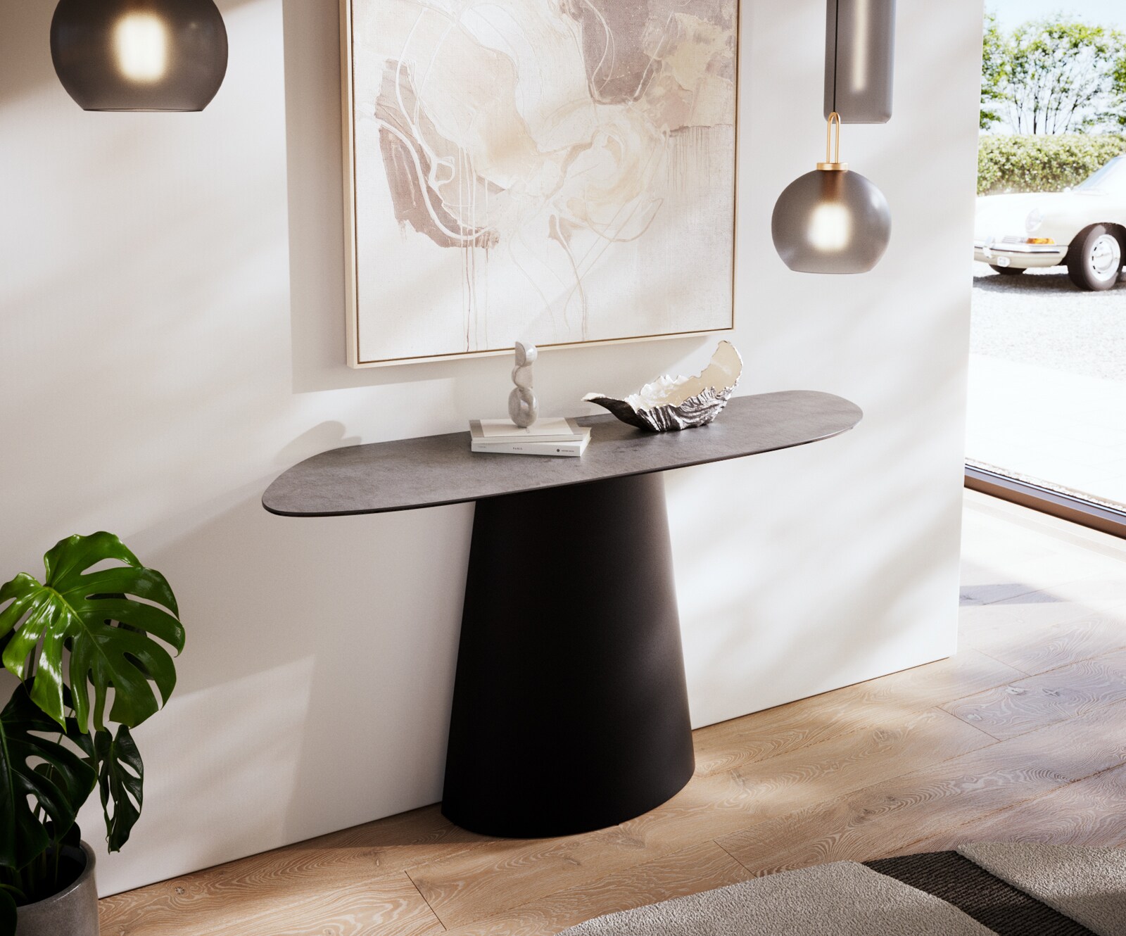 Table console Edge Organique 140x40 cm Céramique Béton Gris Conos Métal Noir 1