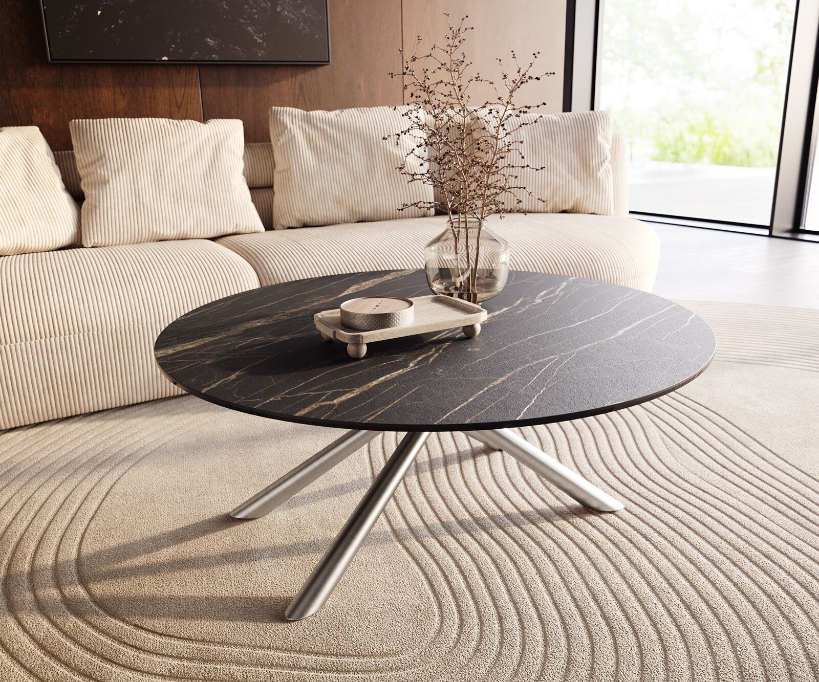 Table basse Edge rond 100x100 cm céramique Laminam® Noir Desir brun Sarity acier inoxydable brossé 1