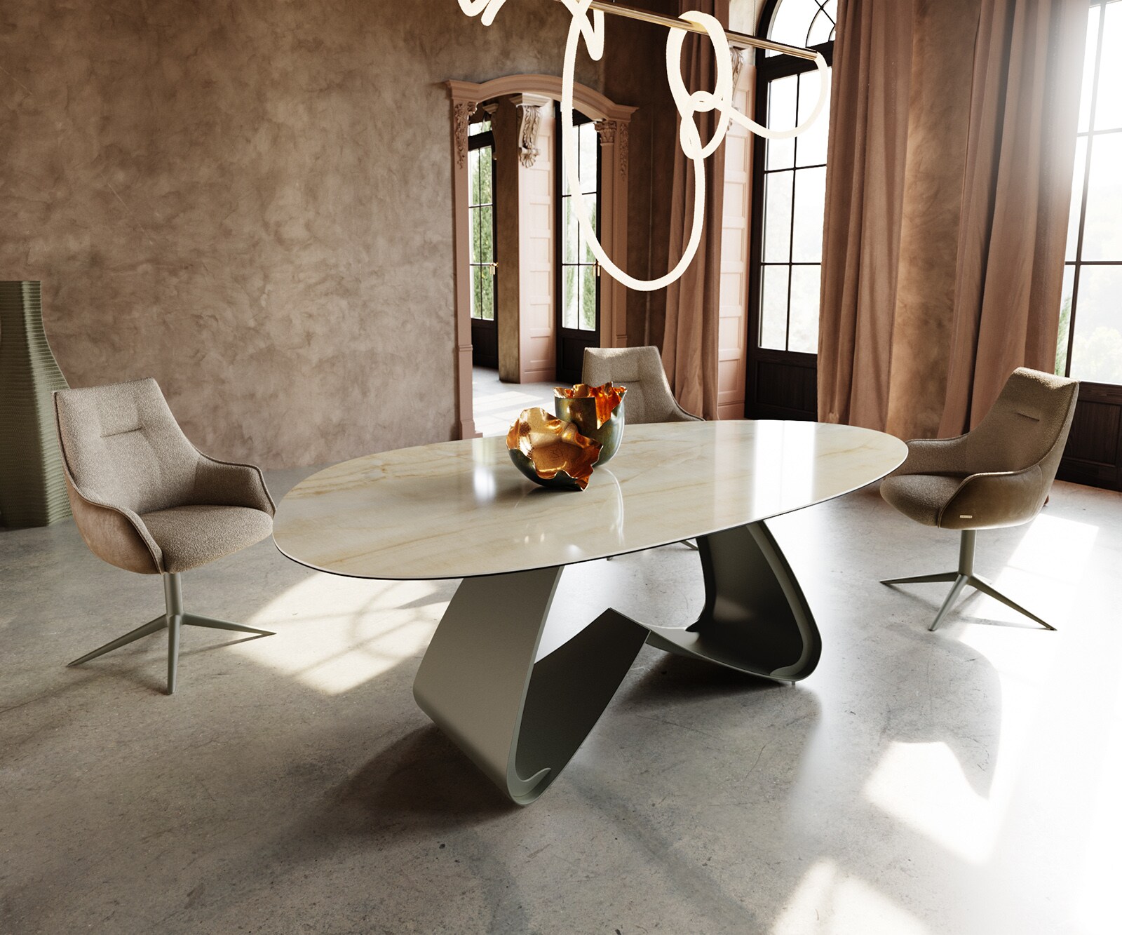 Table à manger Edge ovalee 220x120 céramique Iris FMG Onice Oro cadre en W métal effet finition titanee 1