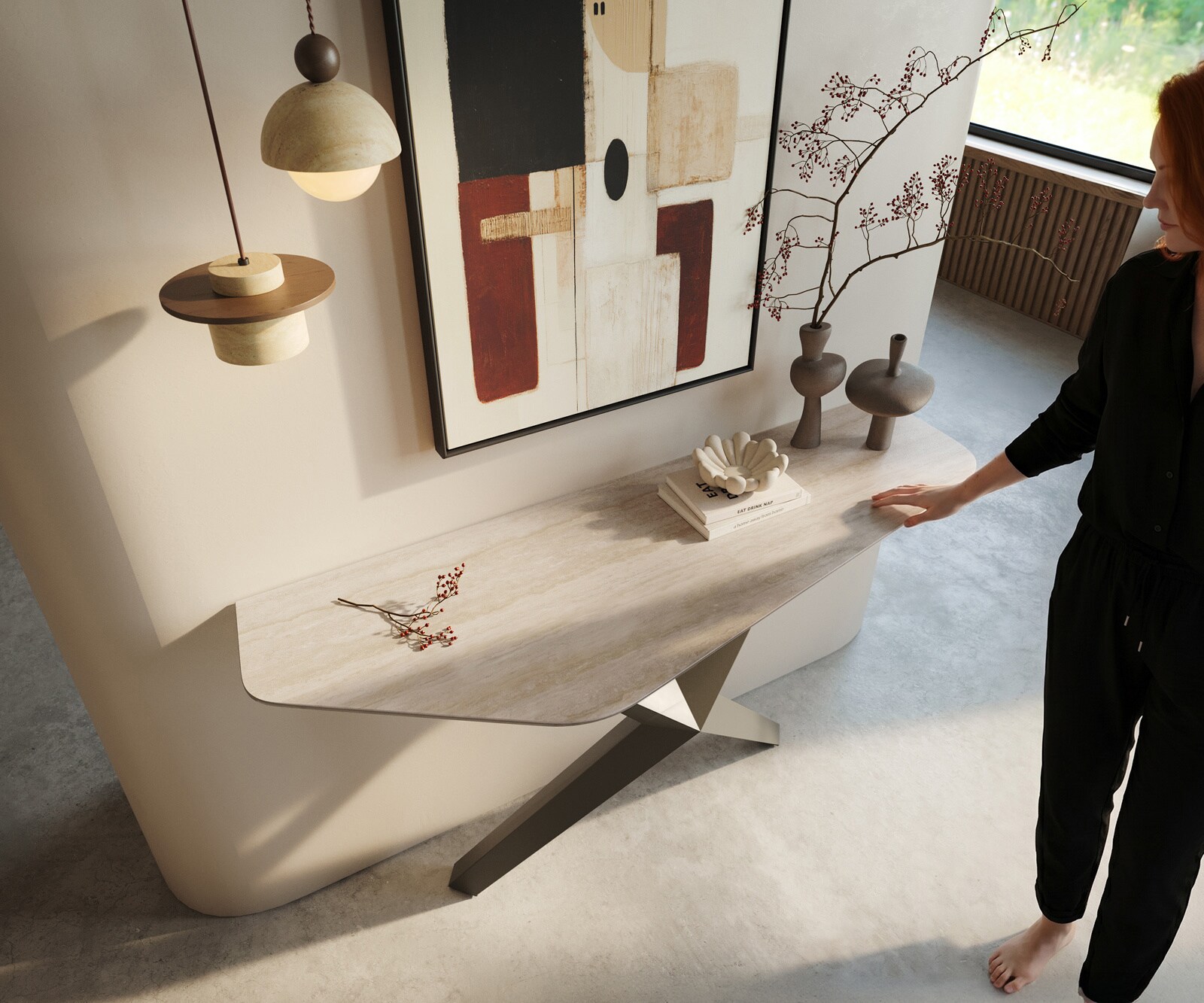 Console Edge Polygonal 140x50 cm Céramique Laminam® Travertino Bianco Creme-Weiß Zentharo Métal Effektfinish Titan 2
