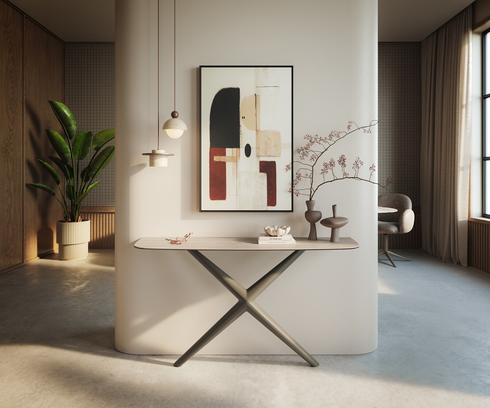 Console Edge forme bateau 140x40 cm Céramique Laminam® Travertino Bianco Creme-Weiß Estelo Métal Effektfinish Titan 1