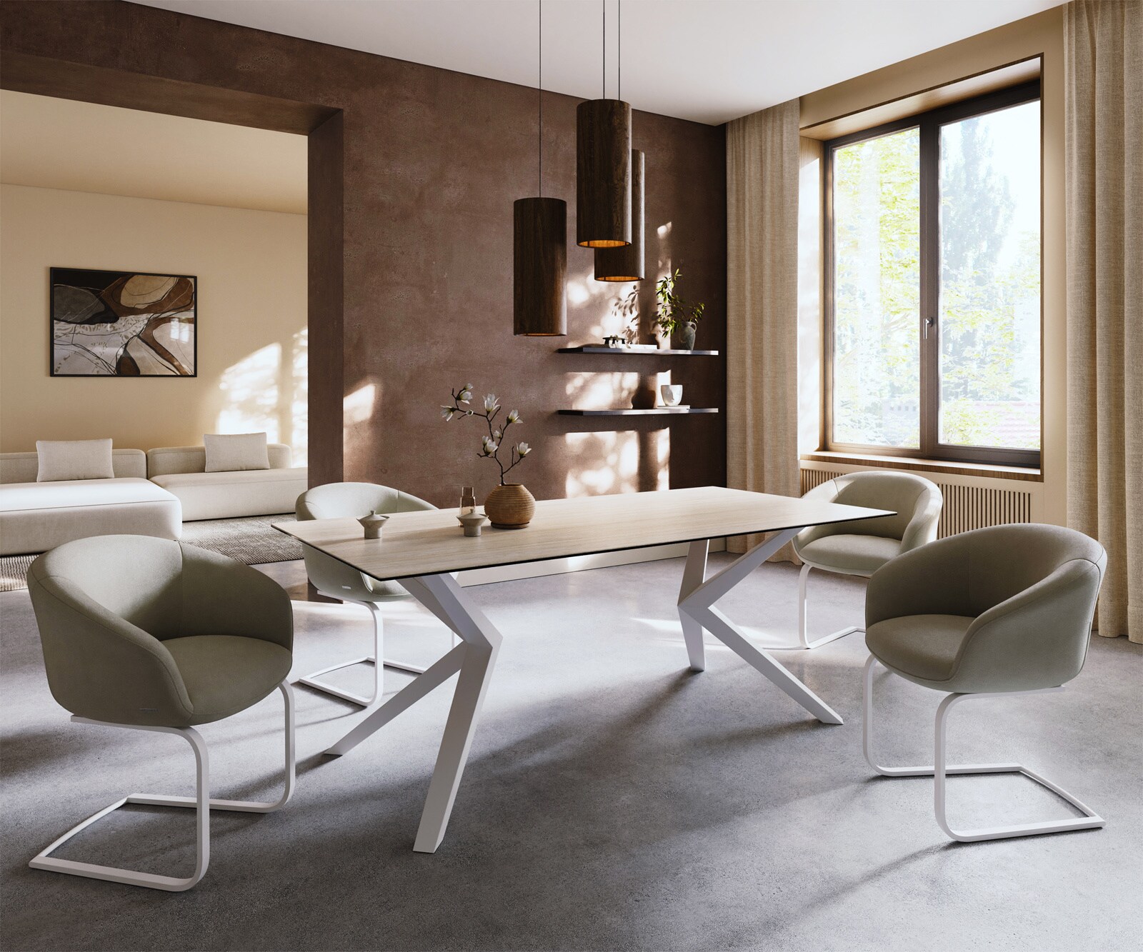 Table à manger Edge 200x100 céramique Laminam® Travertino Bianco crème-blanc Zenthara Angulaire métal blanc 7