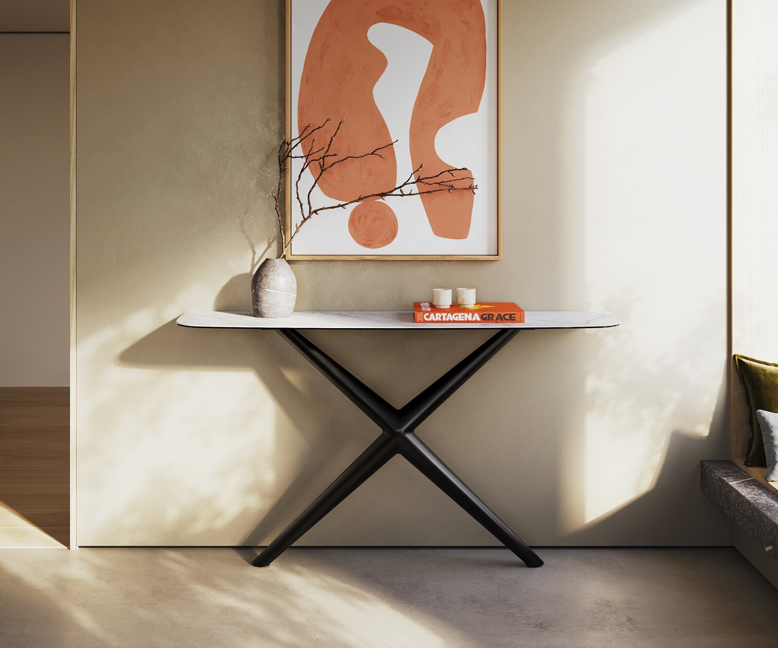 Console Edge forme bateau 140x40 cm Céramique Laminam® Statuarietto Weiß Estelo Métal Noir 1