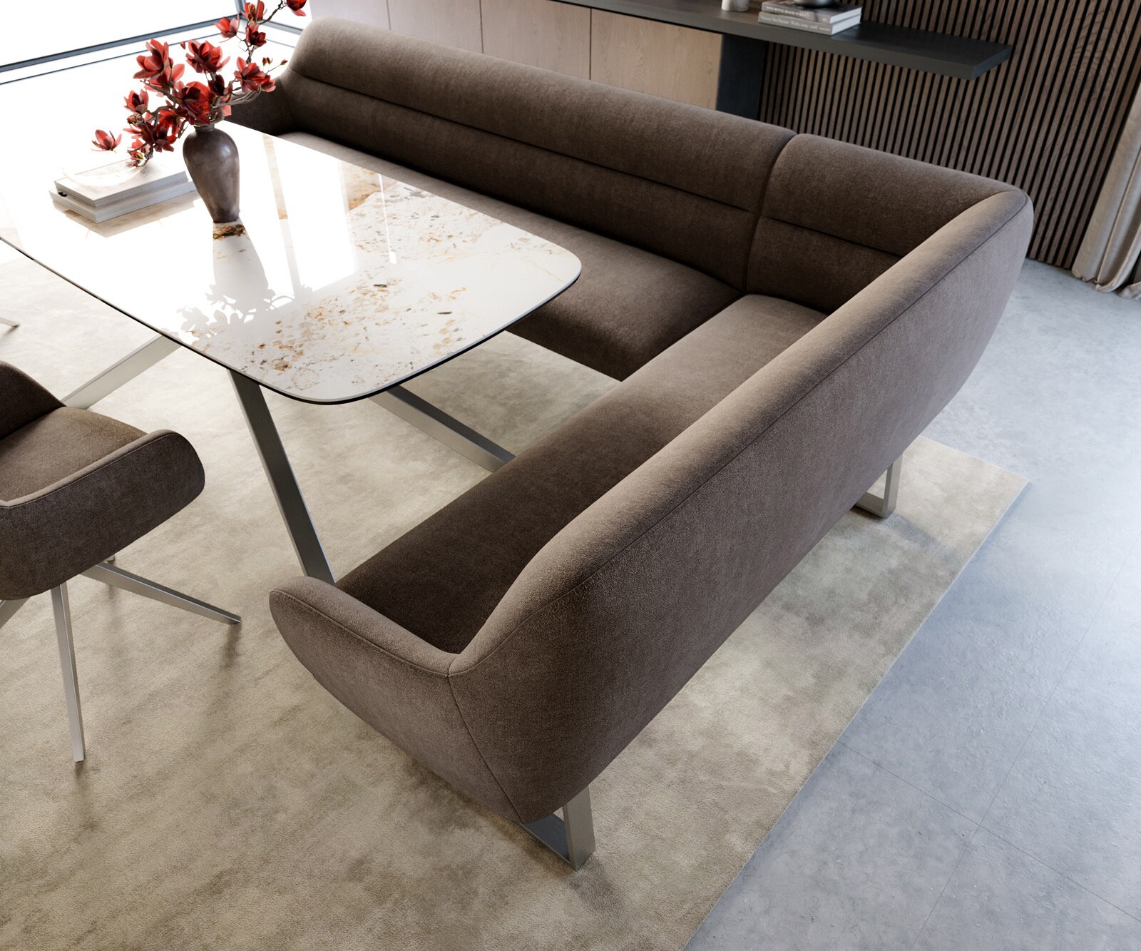 Banc-de-salle-à-manger Taya-Flex 285x190 cm tissu structuré doux taupe piètement à patins angulaire acier inoxydable ressort ensaché liens 4