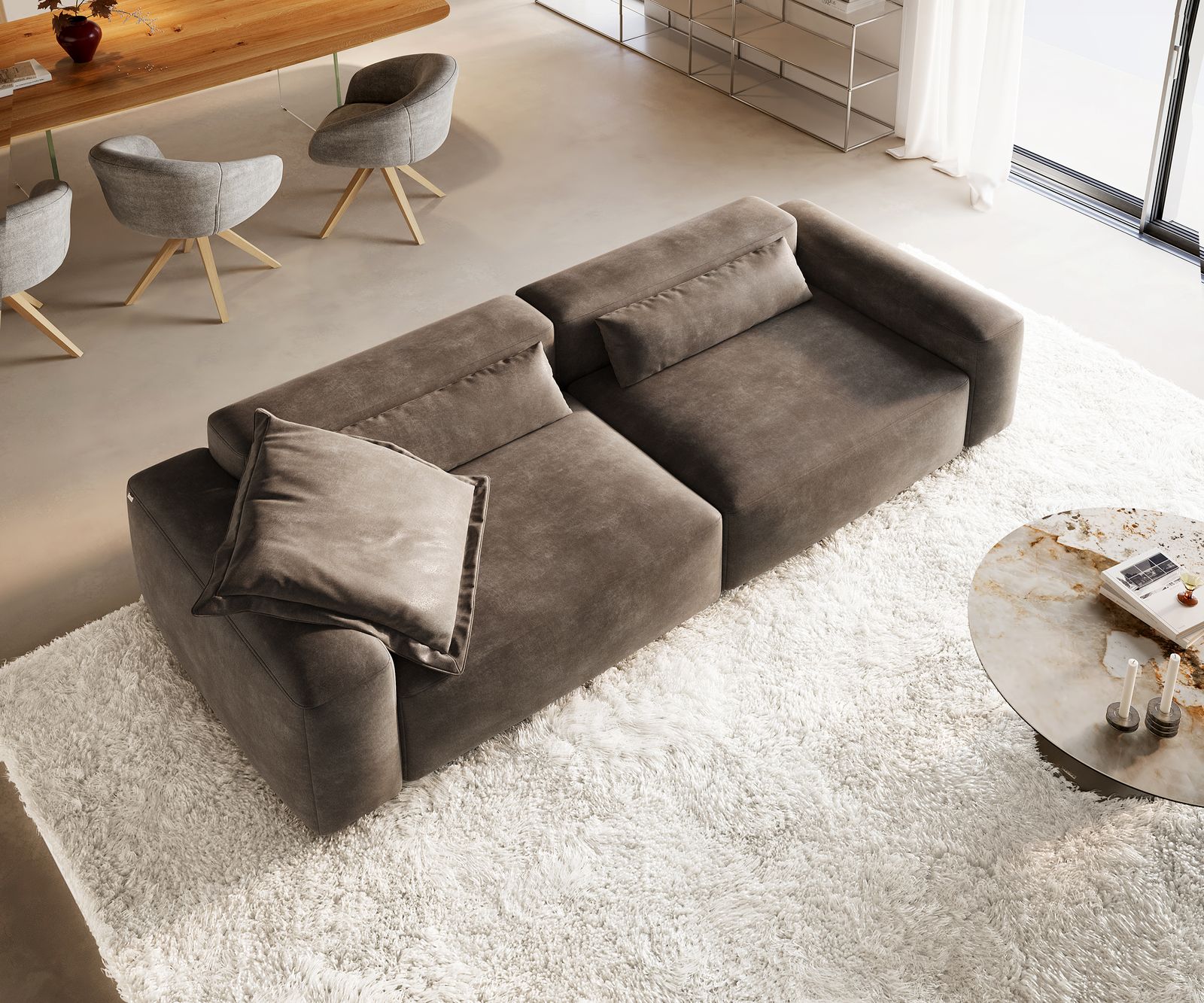 Bigsofa Freestyle 280x110 cm Tissu microfibre Taupe Vintage couture plate 3