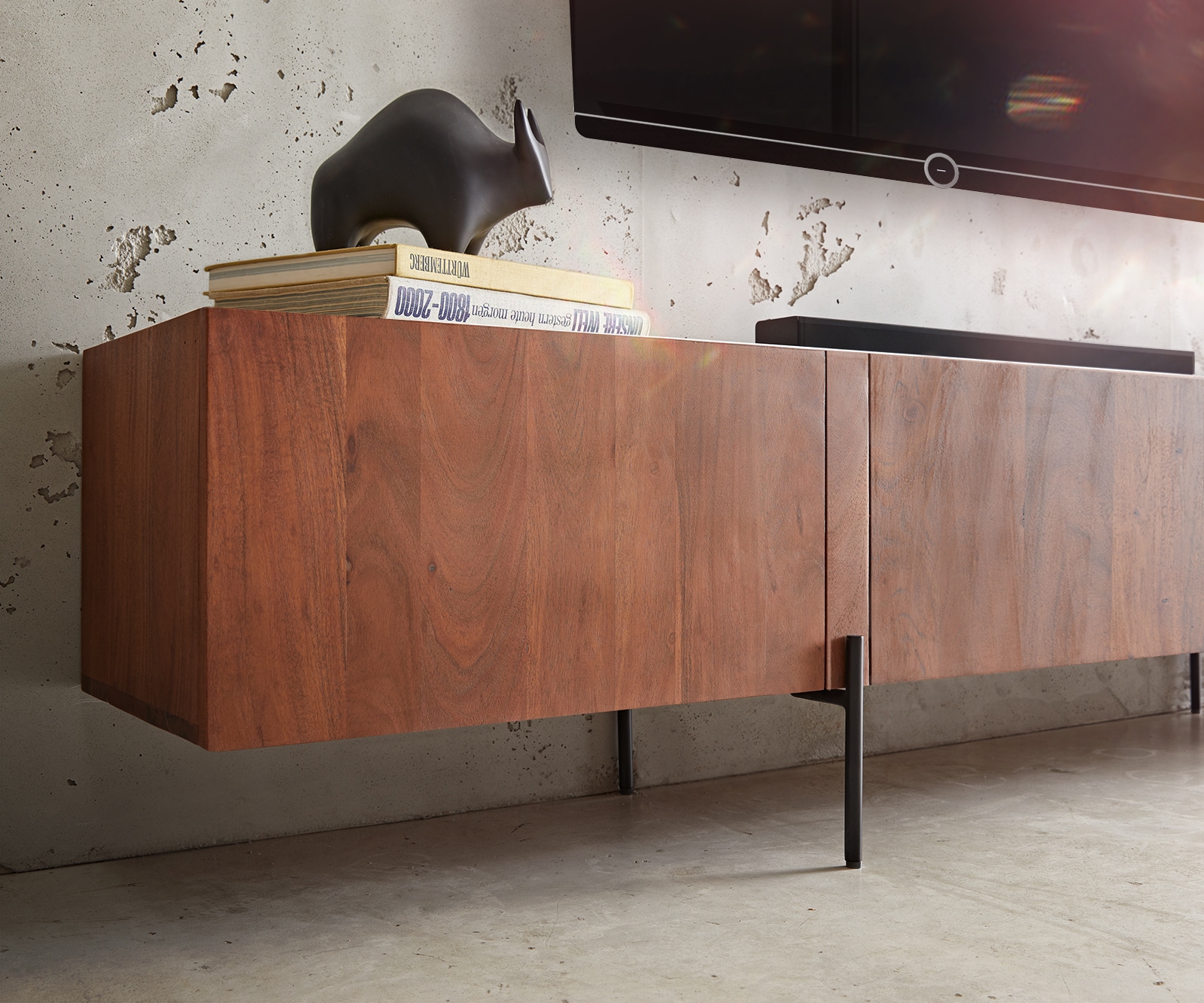 Meuble-TV Secara 200 cm acacia marron 4 portes marbre pieds noirs 5 Meuble-TV Secara 200 cm acacia marron 4 portes marbre pieds noirs 5