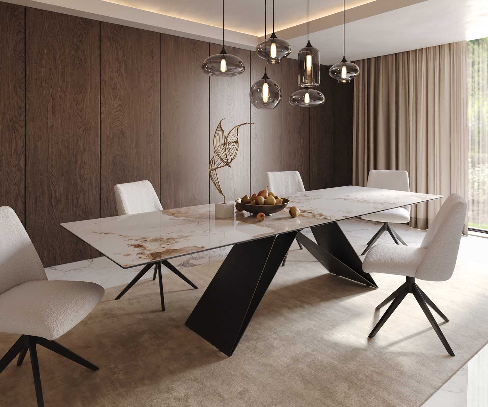 Table à manger Edge 300x100 céramique Minas mélange blanc-beige cadre en V acier plat noir Table à manger Edge 300x100 céramique Minas mélange blanc-beige cadre en V acier plat noir